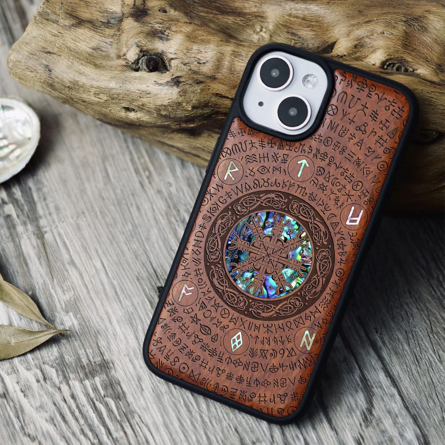 Carveit Designer Wooden Protective Magnetic Case for iPhone 14 Case [Wood Engraving & Shell Inlay] Unique Wood Phone Cover Compatible with iPhone 14 MagSafe 6.1 Inch (Viking-Rosy)