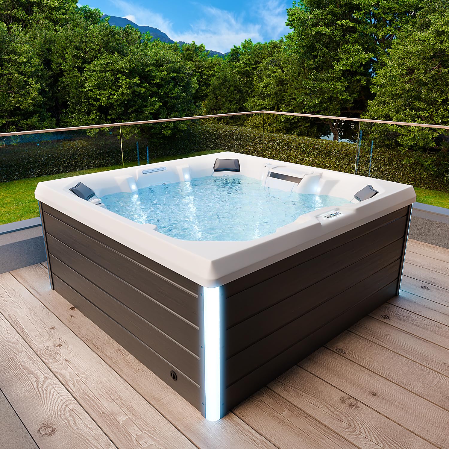 Tronitechnik® Outdoor Whirlpool Spa TORCELLO außen Badewanne weiß 210cm x 210cm mit Heizung, Hydromassage und Farblichtherapie