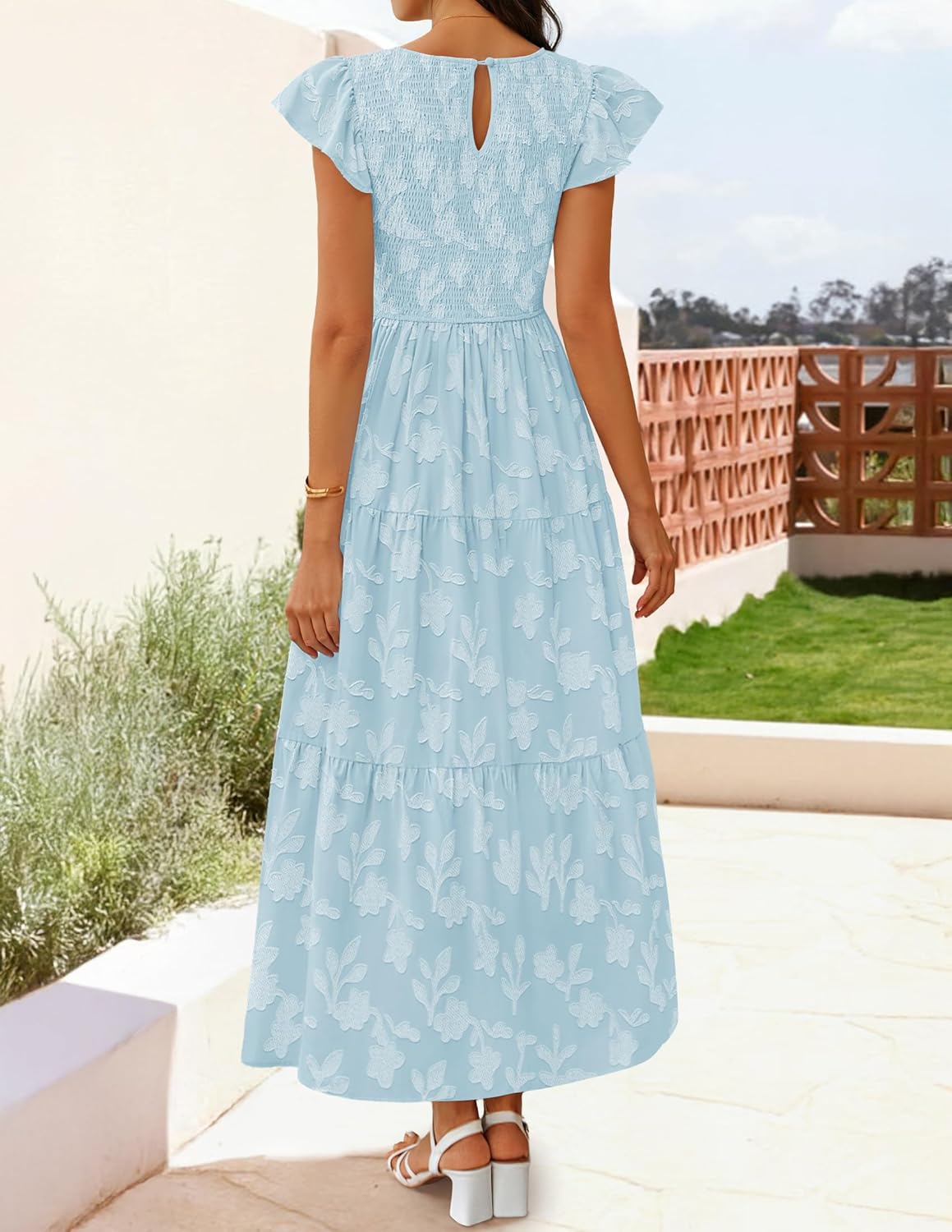 ZESICA Women's Summer Boho Floral Midi Dress 2026 Casual Flutter Short Sleeve Crewneck Smocked Flowy Beach Long Dresses - Image 6