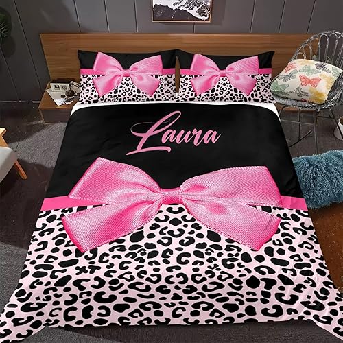 Juego de funda de edredón con nombre rosa de grano de leopardo personalizado, 3 piezas, ropa de cama personalizada con cremallera para cumpleaños,