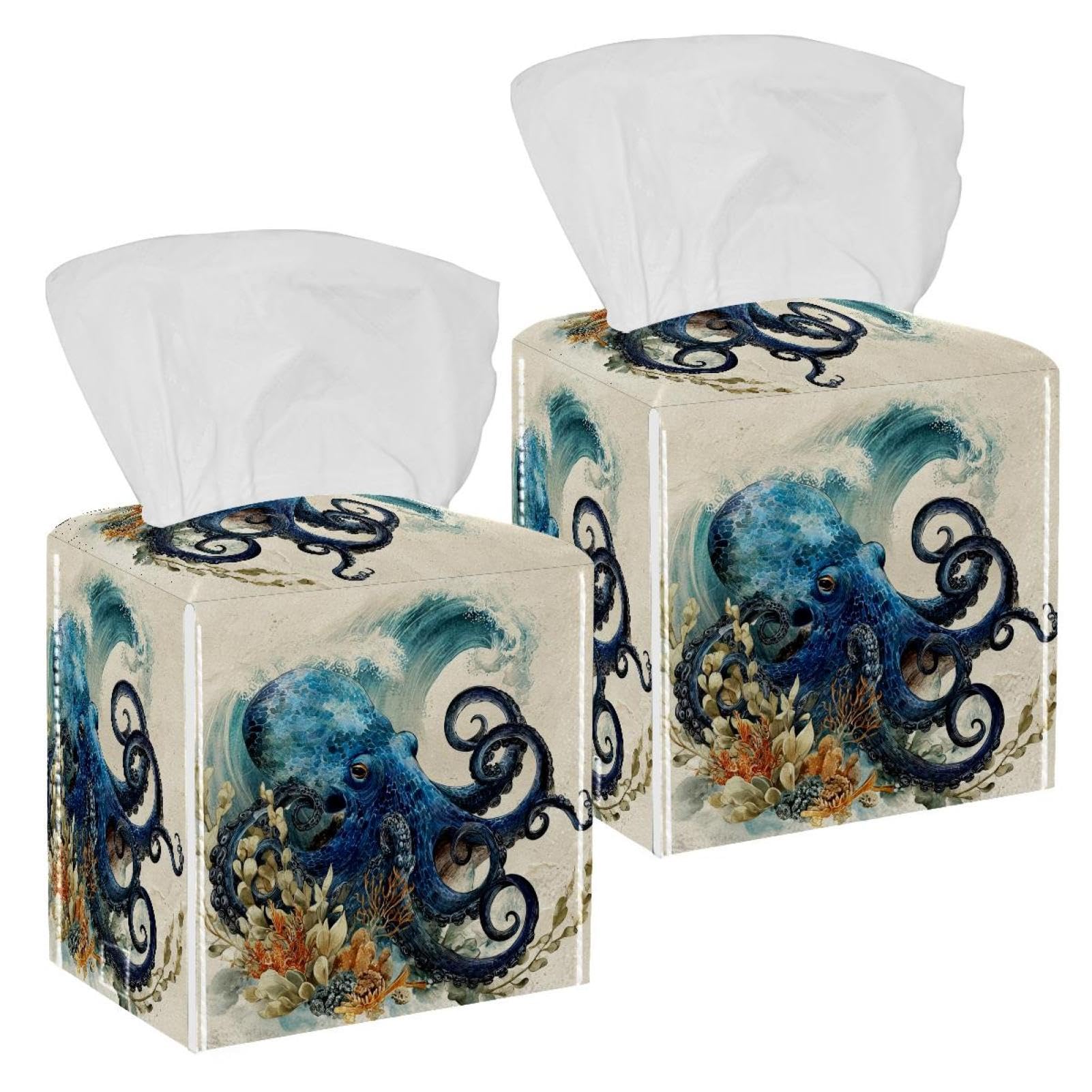 Octopus Tissue Box Cover, 2 Pack PU Leather Square Facial Tissue Dispenser Box holder for Home Office Car
