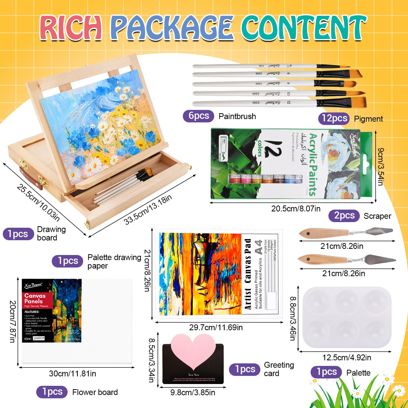 USHOP Chevalet Peinture Acrylique 24 Pièces,Fournitures Artistiques,Coffret Peinture,12 Peintures,5 Pinceaux,1 Panneaux de toile,1 Tablier,2 Spatul,Kit de Peintures pour Artistes,Débutants