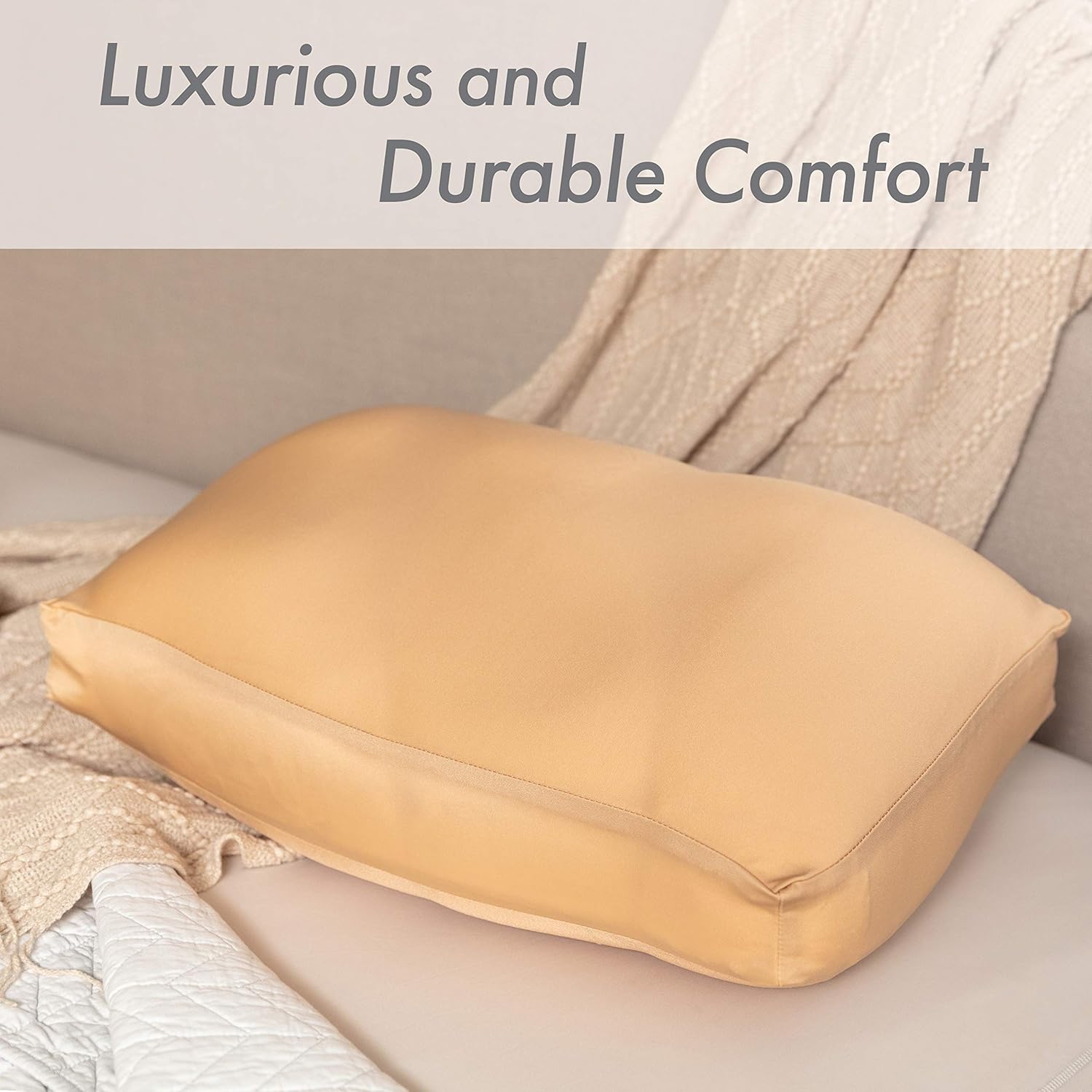 PILLOWY Premium Microbead Bed Pillow, Medium Extra Fluffy But Supportive - Ultra Comfortable Sleep with Silk Like Anti Aging Cover 85% Spandex/ 15% Nylon Breathable, Cooling Barely Beige