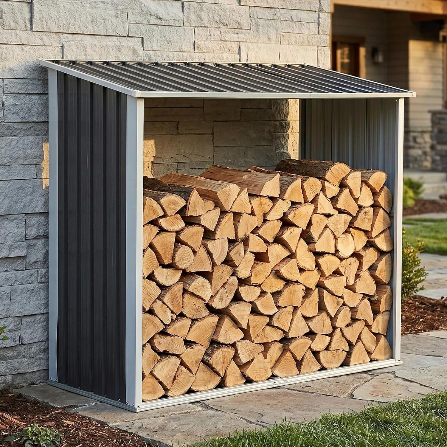 105" Outdoor Firewood Shed & Metal Storage Shed 2-in-1, Steel Wood Holder with Door & Waterproof Cabinet for Fireplace, Backyard, Garden, Patio (105", 2-in-1)