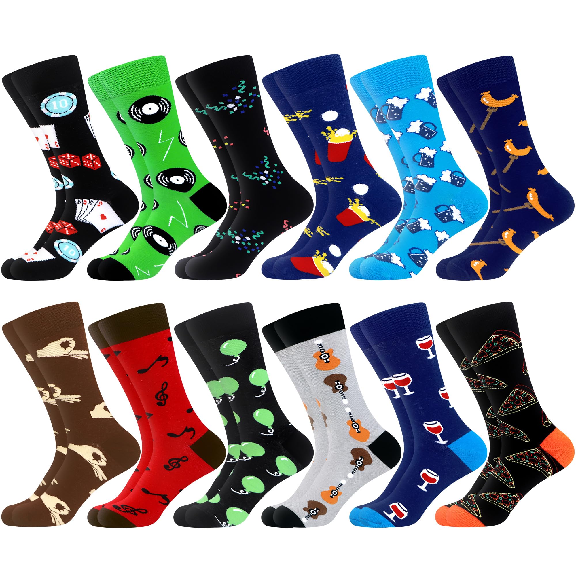 WeciBor Men's Dress Funny Crazy Colorful Novelty Combed Cotton Crew Socks 12 Pack - Size 7-10/10-13/13-15