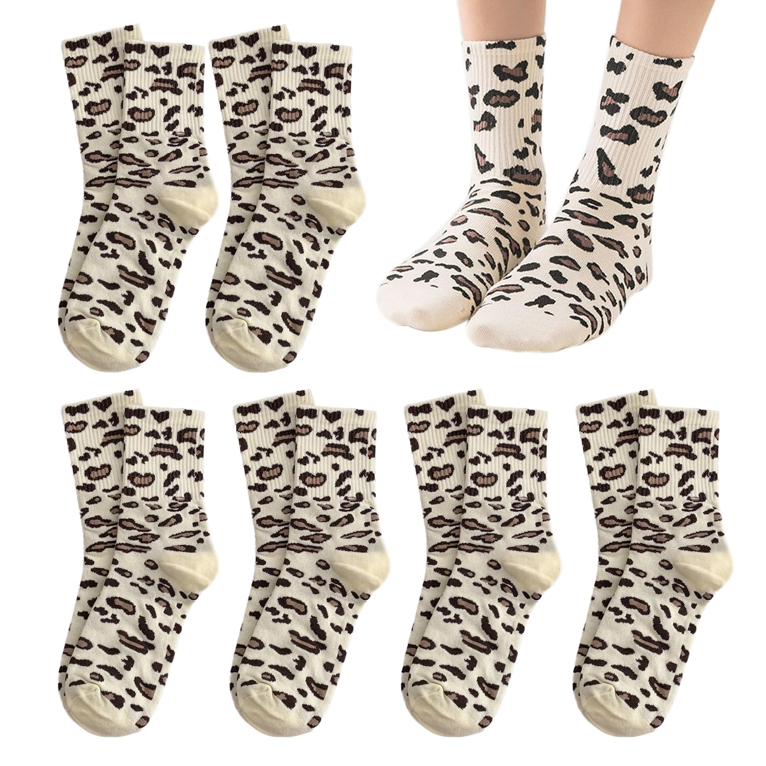 MEMOFYND 6 Pairs Of Leopard Print Socks, Mid-Calf Socks For Women, Retro Socks, Soft Breathable Socks, Elastic Socks
