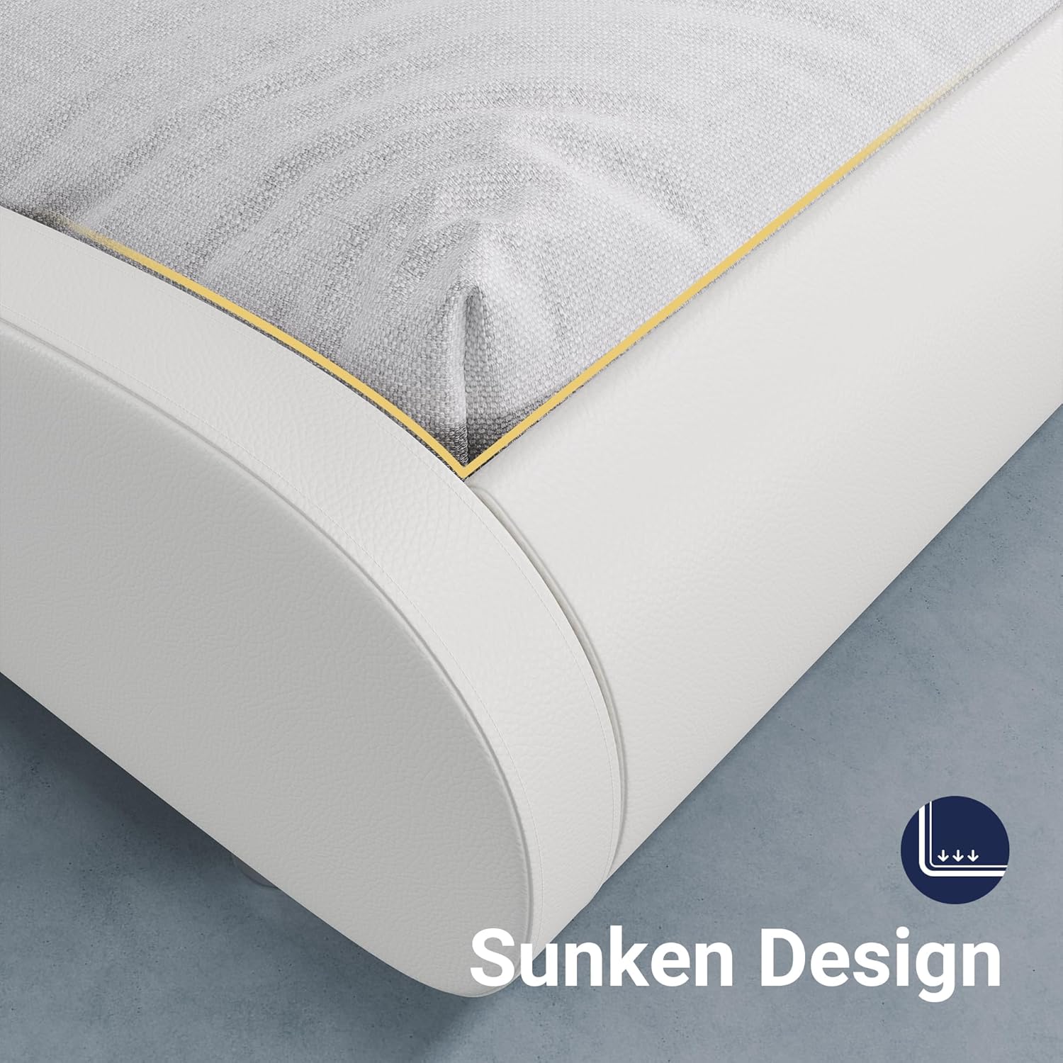 Allewie Upholstered Queen Size Platform Bed Frame Modern Low Profile Sleigh Bed with Faux Leather Adjustable Headboard, Wood Slat Support, Easy Assembly, No Box Spring Needed, White