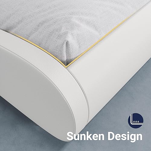 Miniatura 13 de Allewie Base de cama tapizada de tamaño matrimonial, moderna cama de trineo de perfil bajo con cabecera ajustable de piel sintética, soporte de