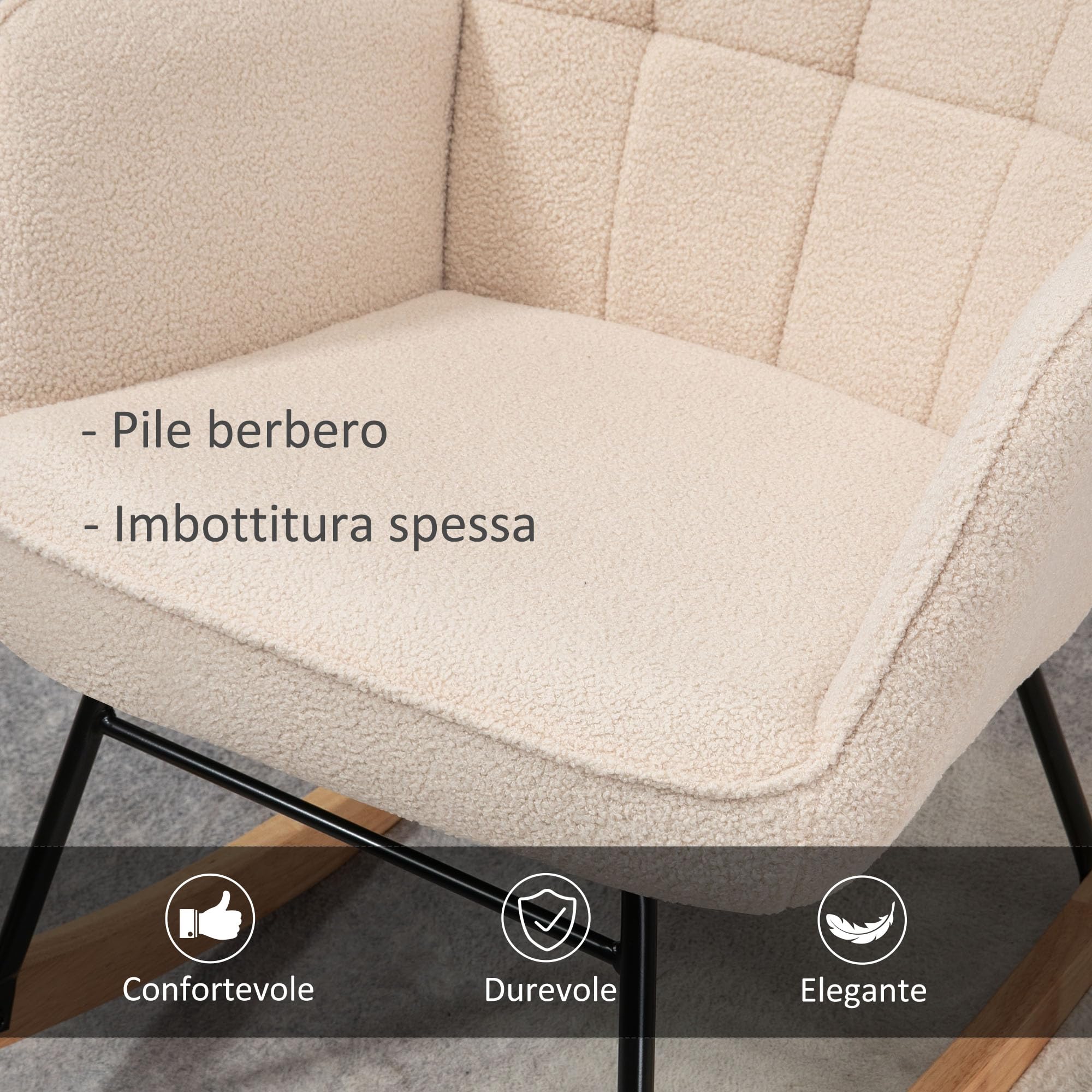 HOMCOM Sedia a Dondolo da Interno Imbottita, Poltrona a Dondolo Relax in Pile Berbero con Braccioli, Struttura in Acciaio e Gambe in Legno di Faggio per Soggiorno e Camera da Letto, Beige