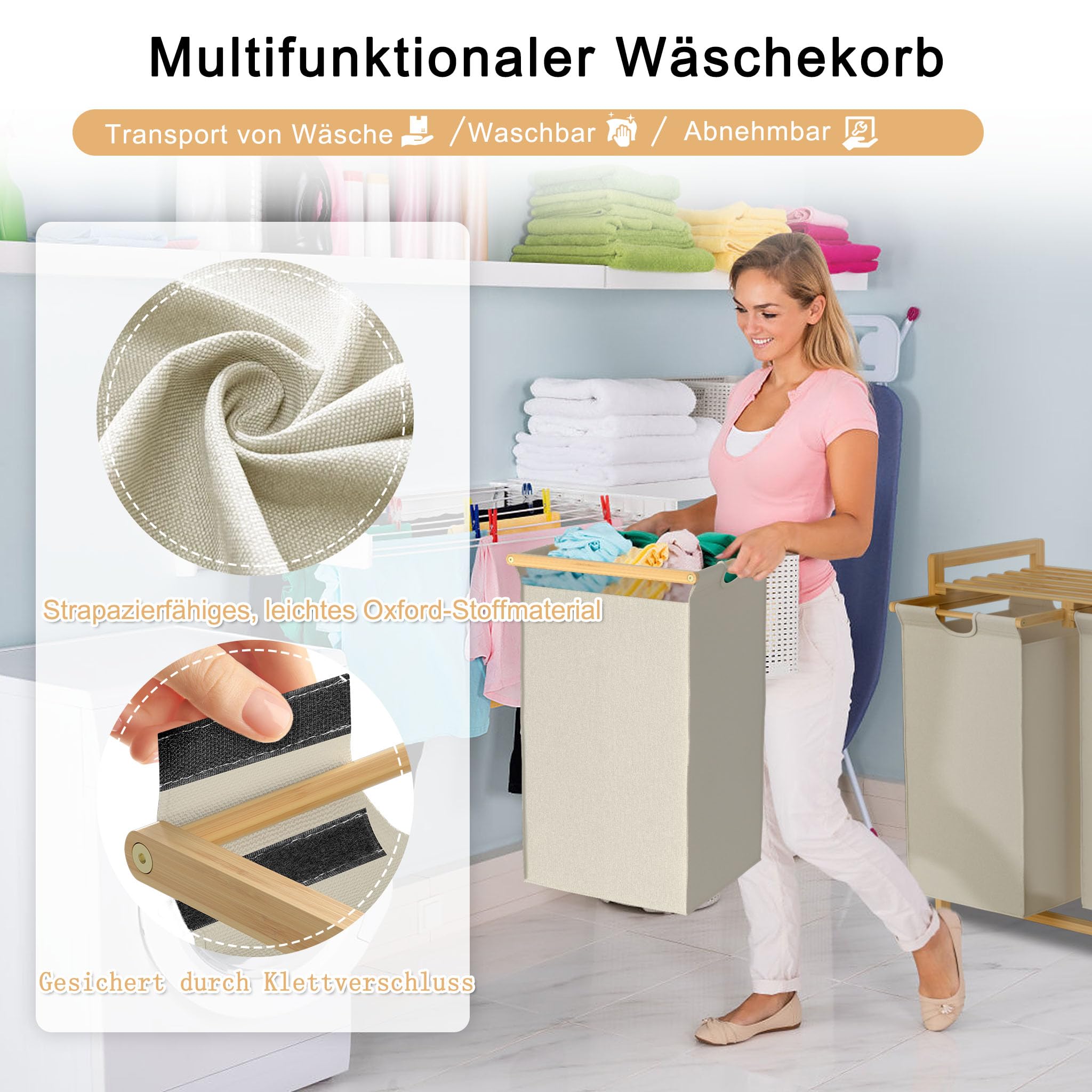 UISEBRT Bambus Wäschekorb mit 2 Fächern, 72L Wäschesortierer aus Oxford-Stoff, Wäschesortiersystem abnehmbar und waschbar, 73x64x33,5cm, Beige