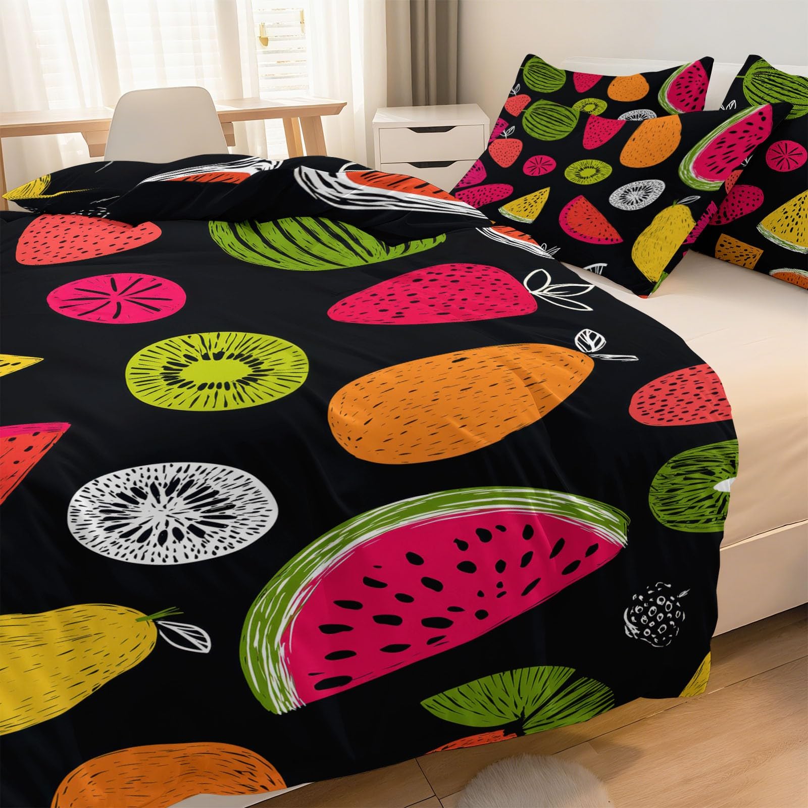 2-osobowy komplet pościeli 220 x 240 cm kolor, ręcznie rysowane wzory owocowe Super miękka poszwa na kołdrę z nadrukiem 3D o wysokiej rozdzielczości z zamkiem błyskawicznym i 2 poszewkami na poduszki