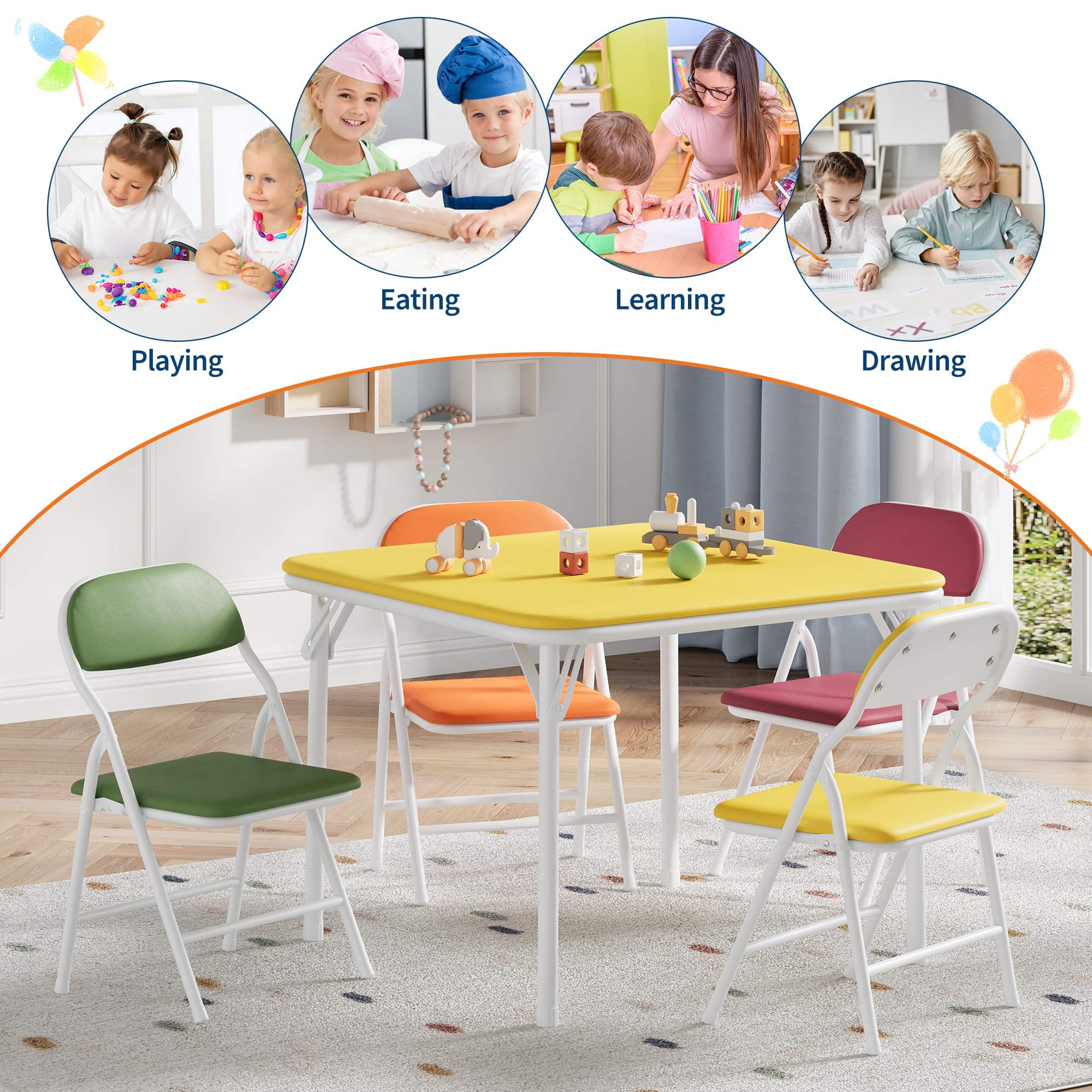 Conjunto Infantil De Mesa y 4 Sillas Plegables, Negro, Acero con Superficie De Cuero PU, Cojines Acolchados, para Jugar, Comer y Aprender