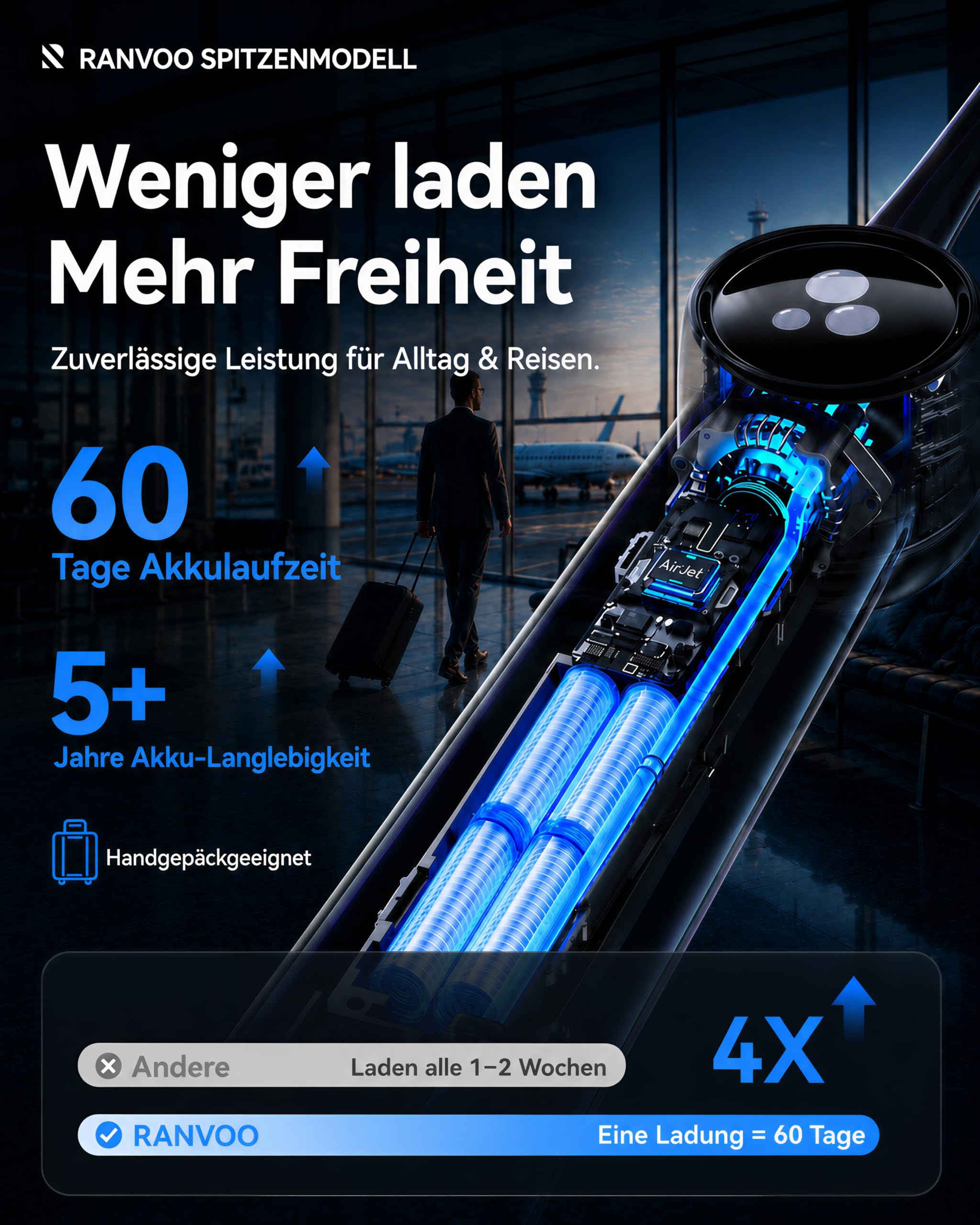 RANVOO AirJet X5 [Extra tiefe Zahnzwischenraum-Reinigung] Next-Gen elektrische Zahnbürste, 100% Plaque-Entfernung, Zahnfleischpflege, für Zahnspangen geeignet, 60 Tage Akku, 3 Bürstenköpfe, Stahlblau