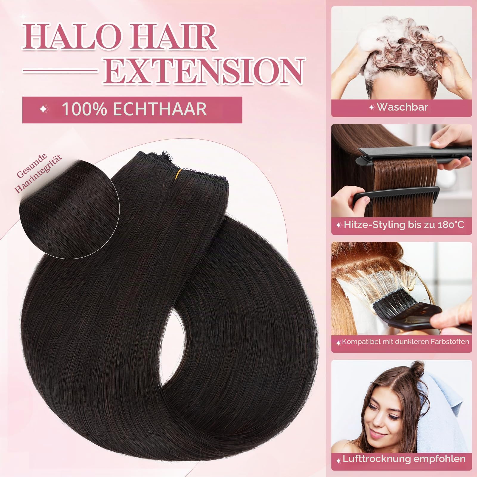 Secret Hair Extensions Echthaar Haarverlängerung mit Draht Haarteile 1 Tresse Invisible Wire adjustable für Damen 50 cm - 70g Naturschwarz #1B