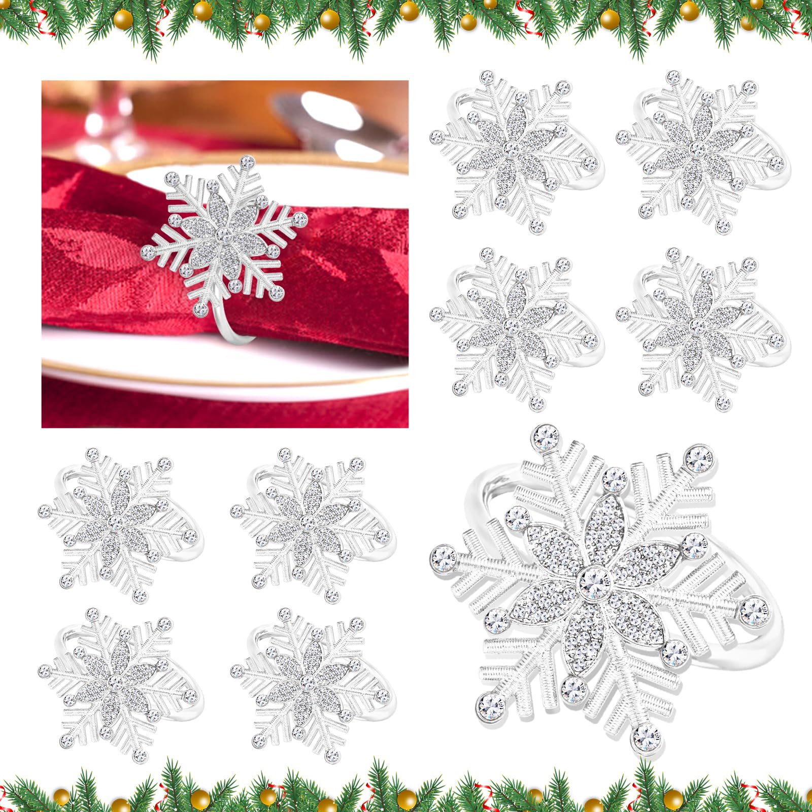 12 PCS Christmas Snowflake Napkin Rings Set, Rhinestone Napkin Buckle for Holiday Party