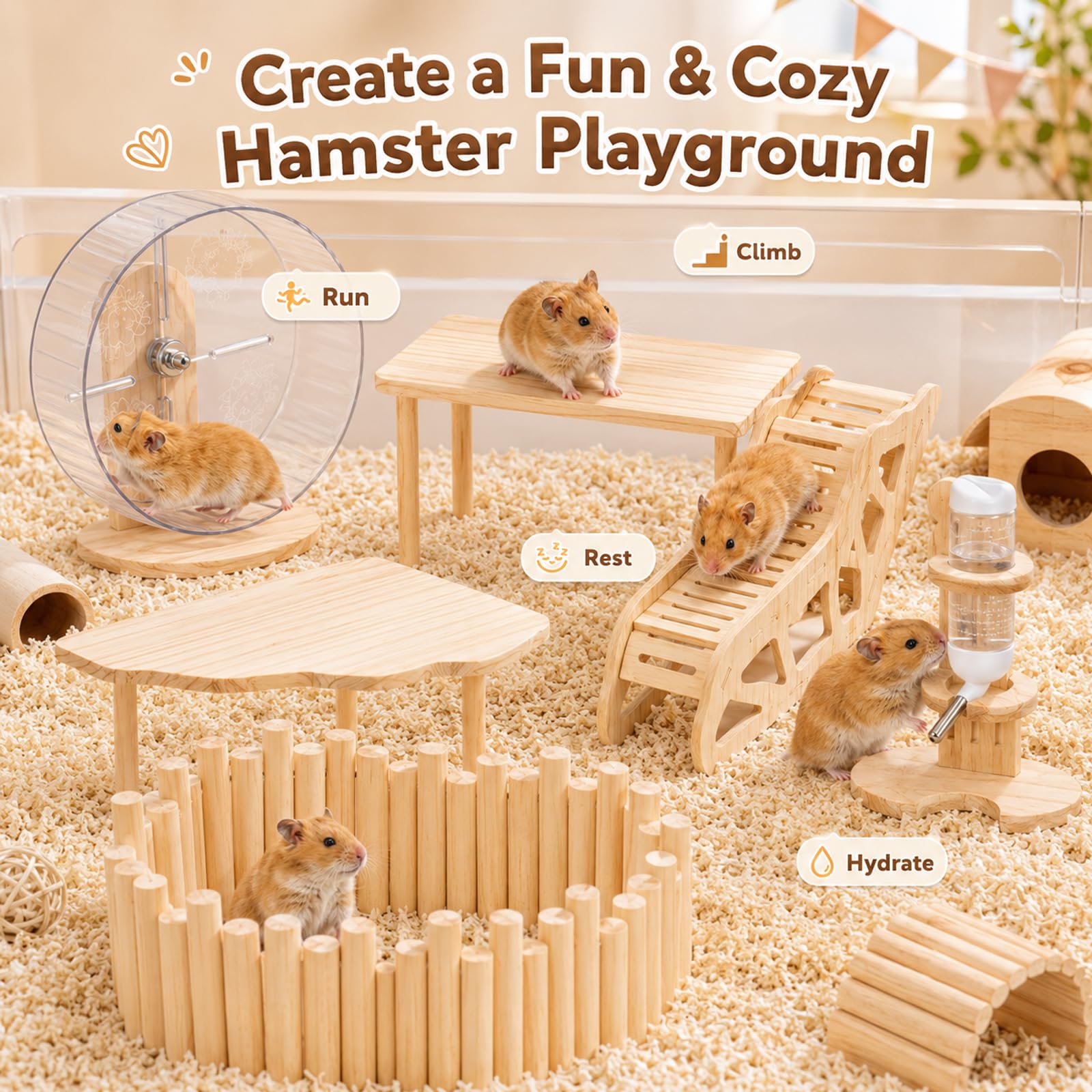 Juego de 3 plataformas de hámster con plataforma, escalera ondulada y túnel de hámster, accesorios de madera natural para conejillos de indias, chinchilla, conejos, animales pequeños (juego de