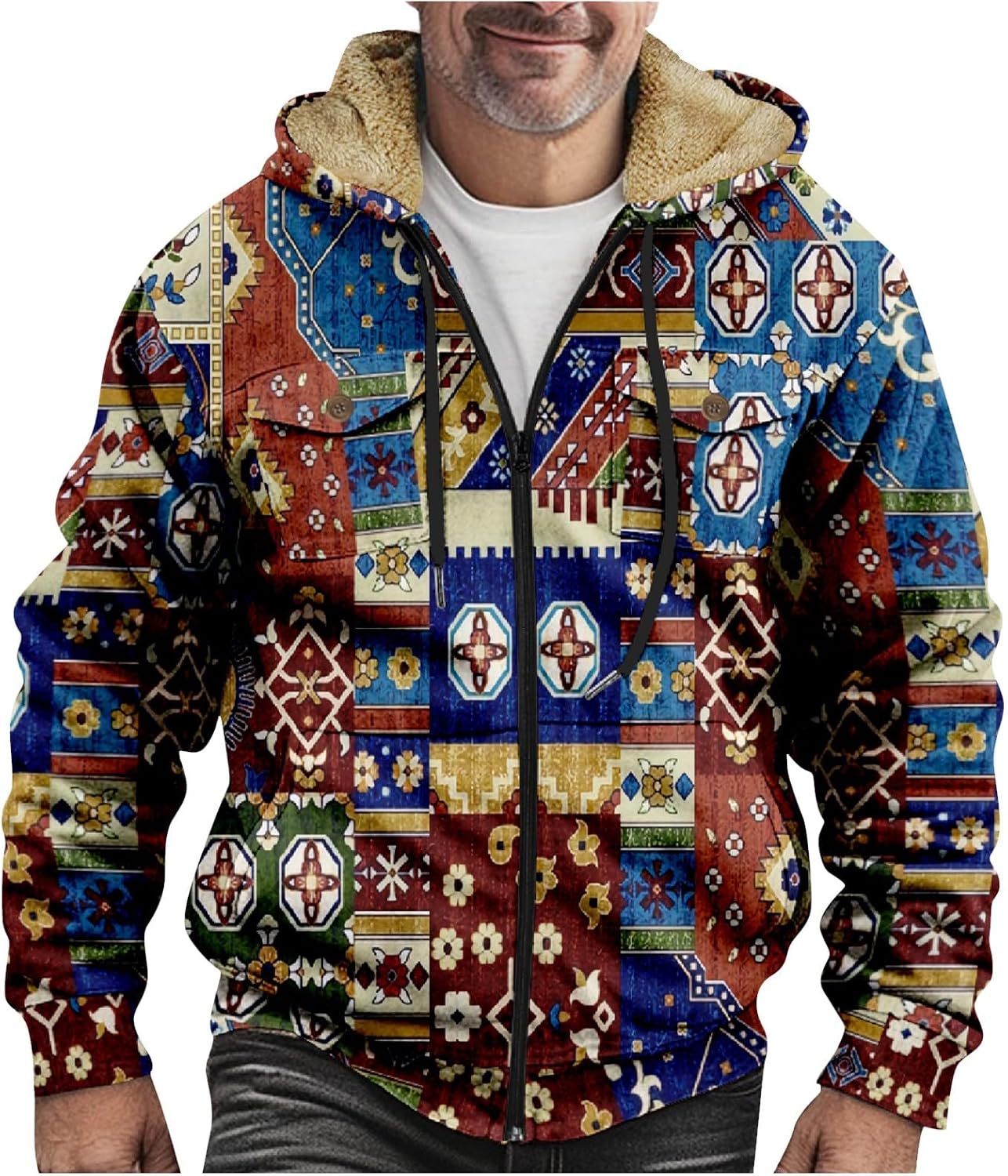 Hoodie Native Print Coat Mens Tribal Aztec Print Western Ethnic