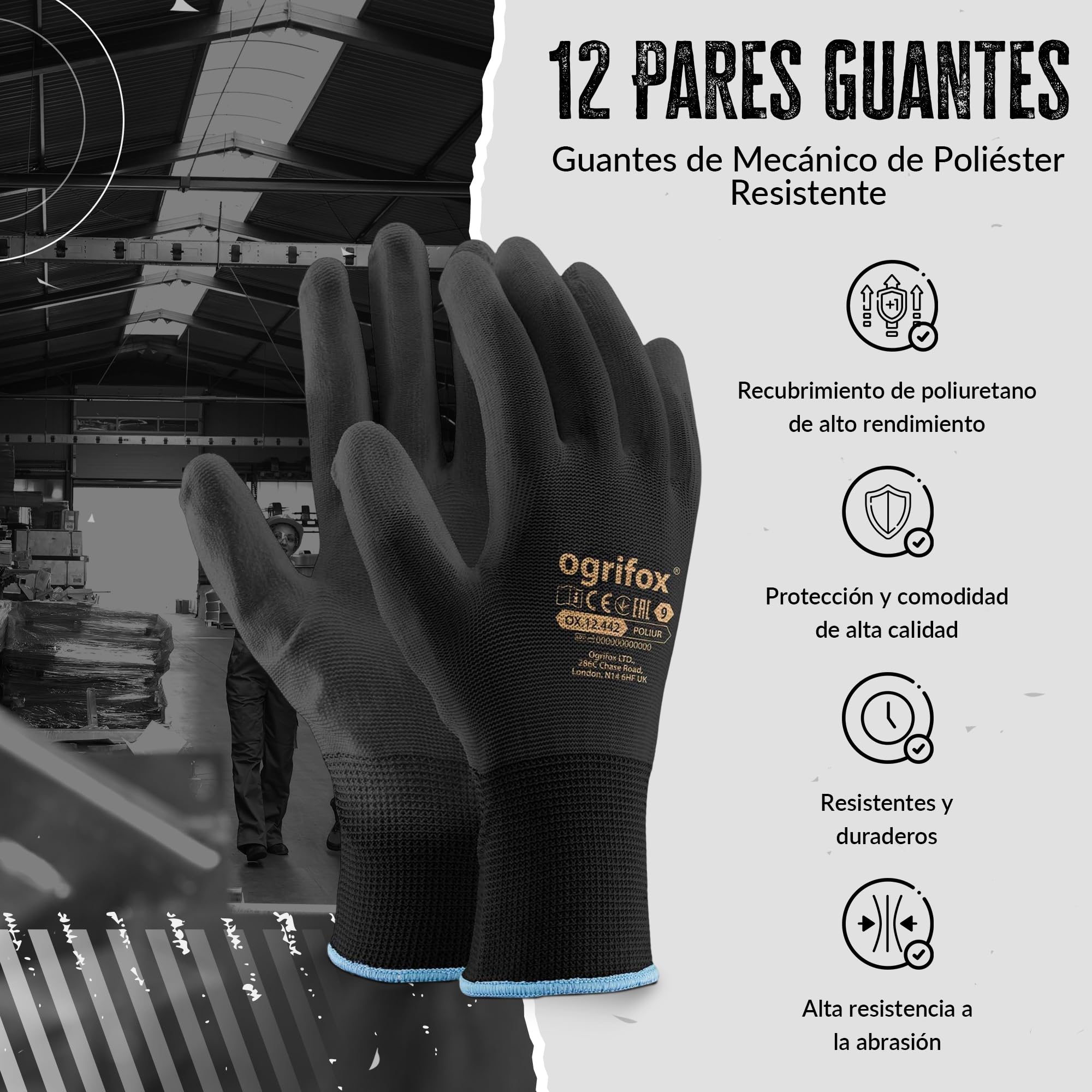 Guantes de trabajo Ogrifox FUZZIO 12 pares PU S-7 negro
