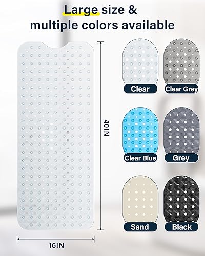 Miniatura 6 de Tapete antideslizante para bañera y ducha, extra grande de 40 x 16 pulgadas, tapete de baño antideslizante con 2 ganchos para almacenamiento, tapete