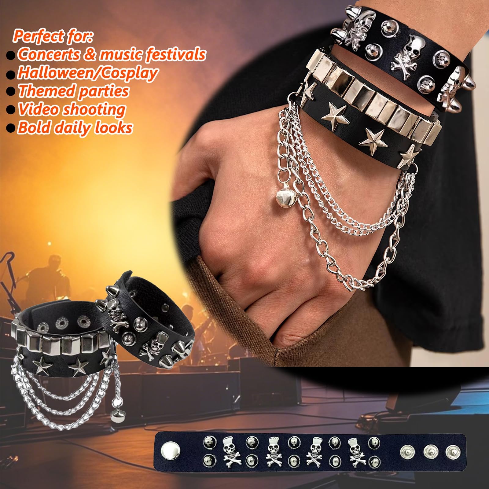 Punk Gothic Rocker Kit, Costume Rockstar Uomo con Parrucca Guanti Occhiali Bandane Braccialetto tatuaggi temporanei Manicotti, Accessori per Costume da Discoteca anni '70 '80 e '90