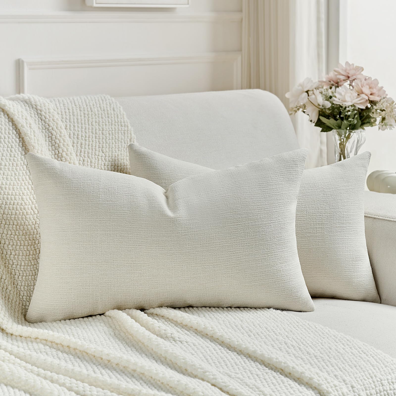 FUTEI Set of 2 Soft Chenille 30x50 cm Cushion Covers Textured Natural Faux Linen Scatter Pillowcase 30 x 50 cm Farmhouse Accent for Sofa Bedroom Living Room, Cream