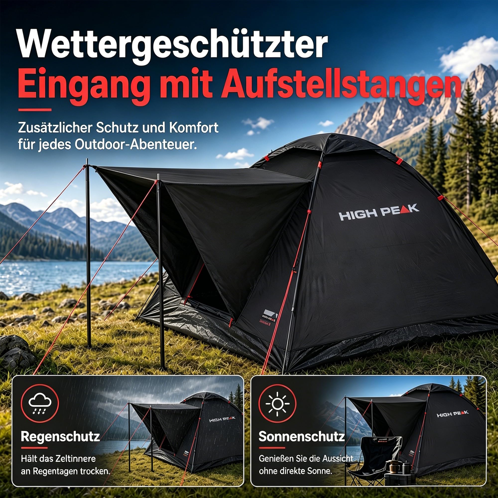 High Peak Kuppelzelt 3 Personen, leichtes Campingzelt mit offenem Vordach | 1500mm Wassersäule, Mesh-Eingang gegen Insekten, Dachbelüftung, 2,6kg, für Regenschutz, Festival, Wandern, Angeln, Reise