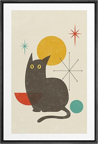 Woodrose Lienzo enmarcado para pared, diseño retro vintage, geométrico, gato negro, formas de animales, ilustraciones, moderno, minimalista, chic,