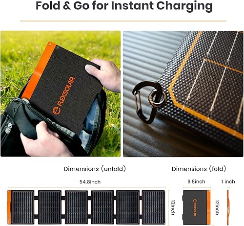 Miniatura 5 de FlexSolar Panel solar plegable de 60 W, cargador solar portátil con puerto USB-CUSB-A QC3.0DC 20-28V, panel solar impermeable IP67 para caravana,
