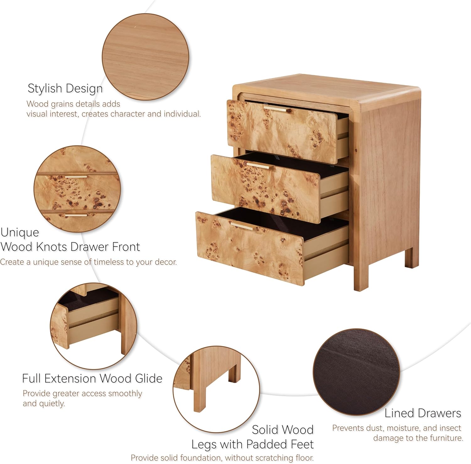 COZAYH Set of 2 Burl Finish 3 Drawer Nightstand, Wood Rustic Farmhouse Dresser, Vintage Accent Storage Bedside Table for Bedroom Entryway, Fully Assembled, Natural