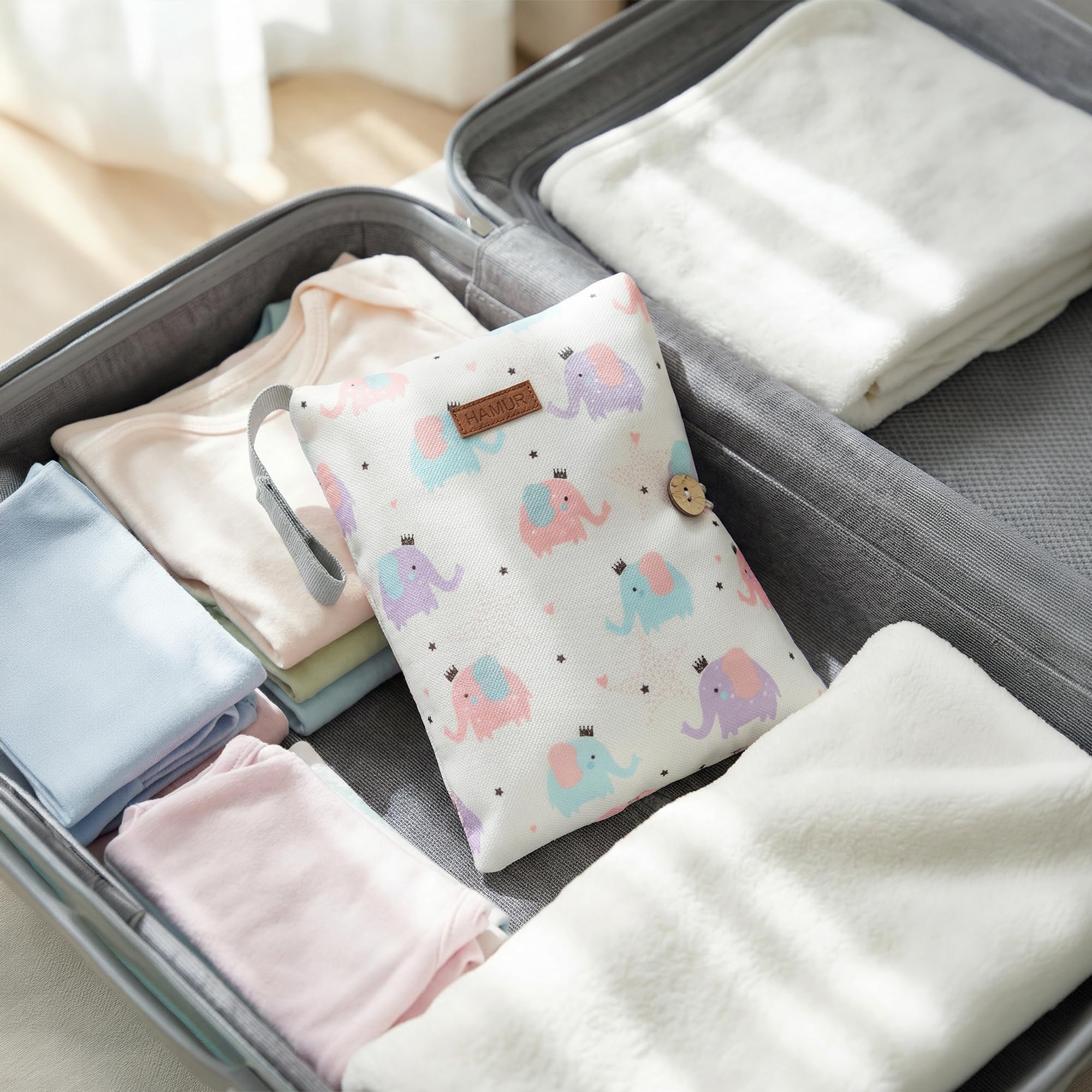 HAMUR - Organizador de bolsas de bebé, bolsa de pañales portátil para carriola de bebé, unisex, plegable, accesorios para bebé recién nacido, bolsa de transporte para niños y niñas (elefante)