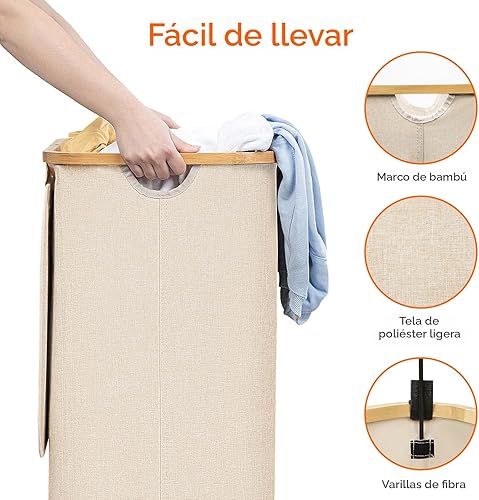 Miniatura 6 de Lifewit Cesta grande de lavandería de 100 litros con tapa, asas de bambú y bolsa extraíble, plegable para ropa sucia para dormitorio, baño,
