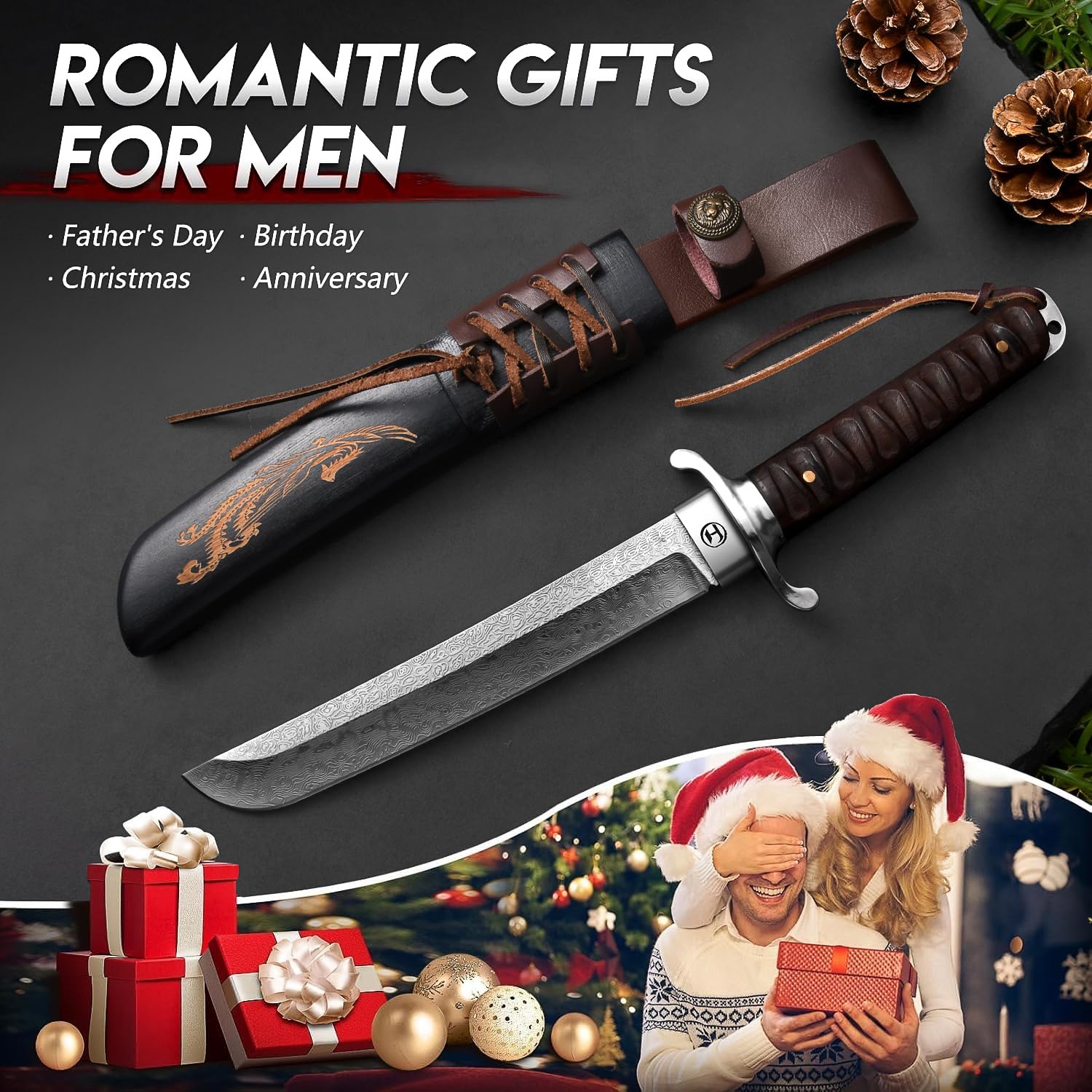 XTL Jagdmesser Outdoormesser, Japanisches Damast Tantomesser mit Scheide, Full Tang Tanto Survivalmesser, Outdoor Camping Buschmesser, Geschenk für Männer