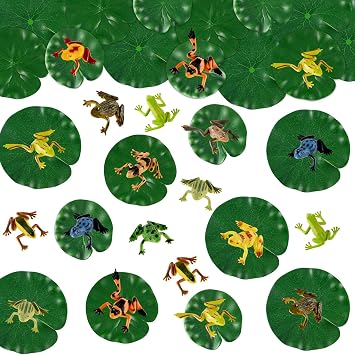 Hungdao 48 Pieces Mini Plastic Frog Toys & Artificial Lily Pads, Include Colorful Realistic Frogs Rainforest Animals Pond Toys & Floating Foam Leaves for Kids Sensory Bin Water Table Pool Cake Decor