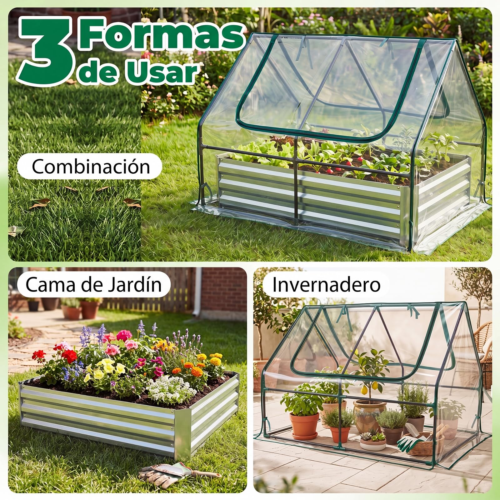 COSTWAY Cama de Jardín Elevada con Mini Invernadero, Huerto Urbano Terraza de Metal Galvanizado con Base Abierta y 2 Ventanas Enrollables, Jardinera Exterior para Flores Verduras Patio Balcón