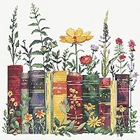 KYOQFVN 11CT Stamped Cross Stitch Kit for Beginners - Flower Books Blooms Embroidery Needlepoint, 14x14 Inch Complete Set