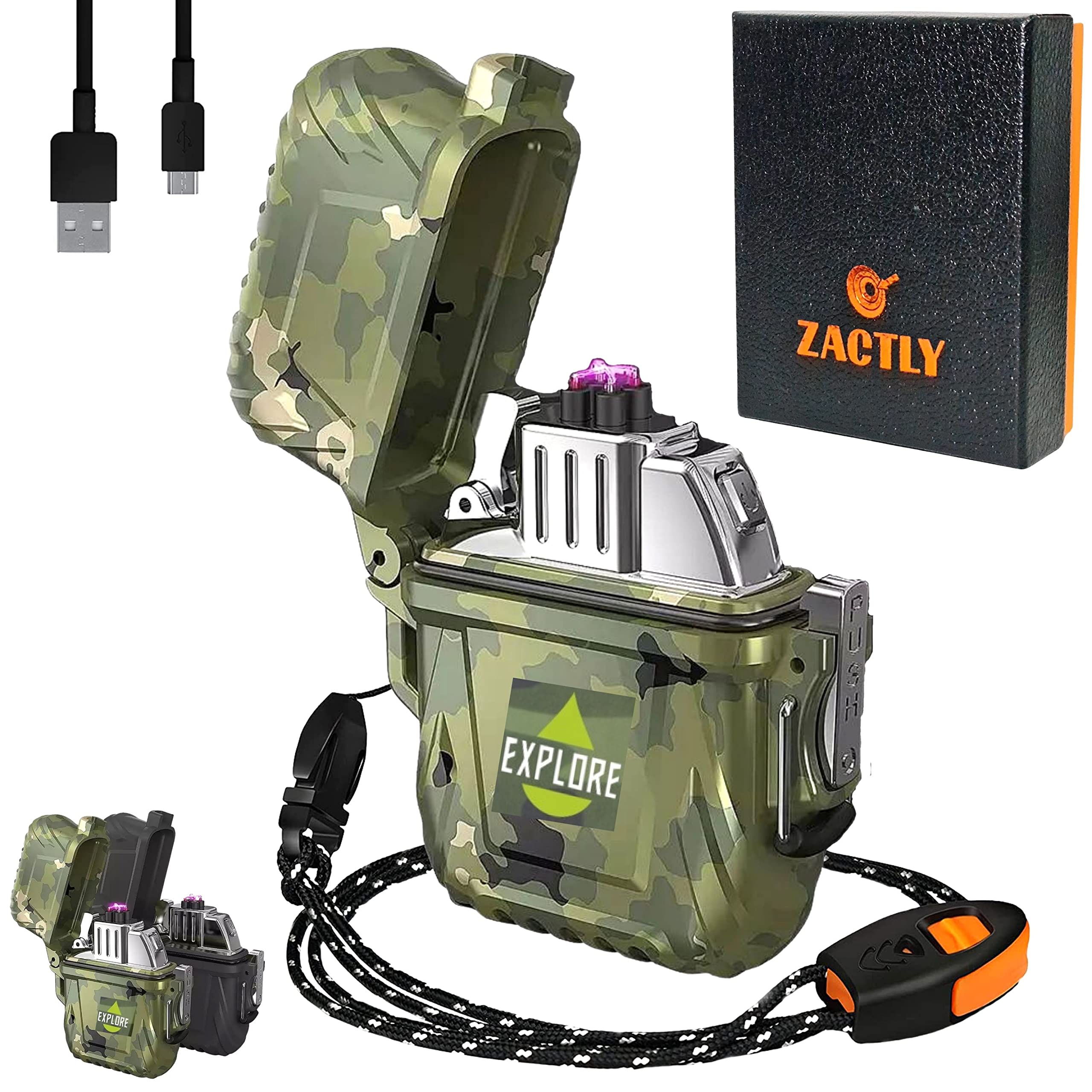 Zactly MODEL AL04 Electric Dual Arc USB Lighter Multifunction Waterproof Windproof Dustproof Rechargeable with Lanyard & Emergency Whistle, Kitchen, Camping & Outdoor Survival Tool (CAMOUFLAGE)