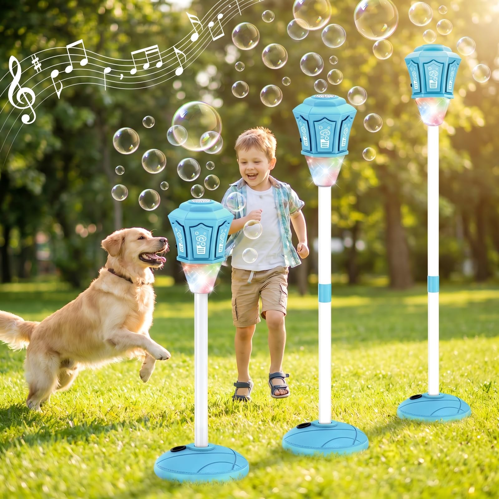 Macchina Bolle di Sapone con Telecomando, 3 Altezze Regolabili fino a 119cm, Luce RGB e Musica, Batteria Ricaricabile USB, Base Stabile, per Bambini Festa Outdoor Matrimonio Giardino