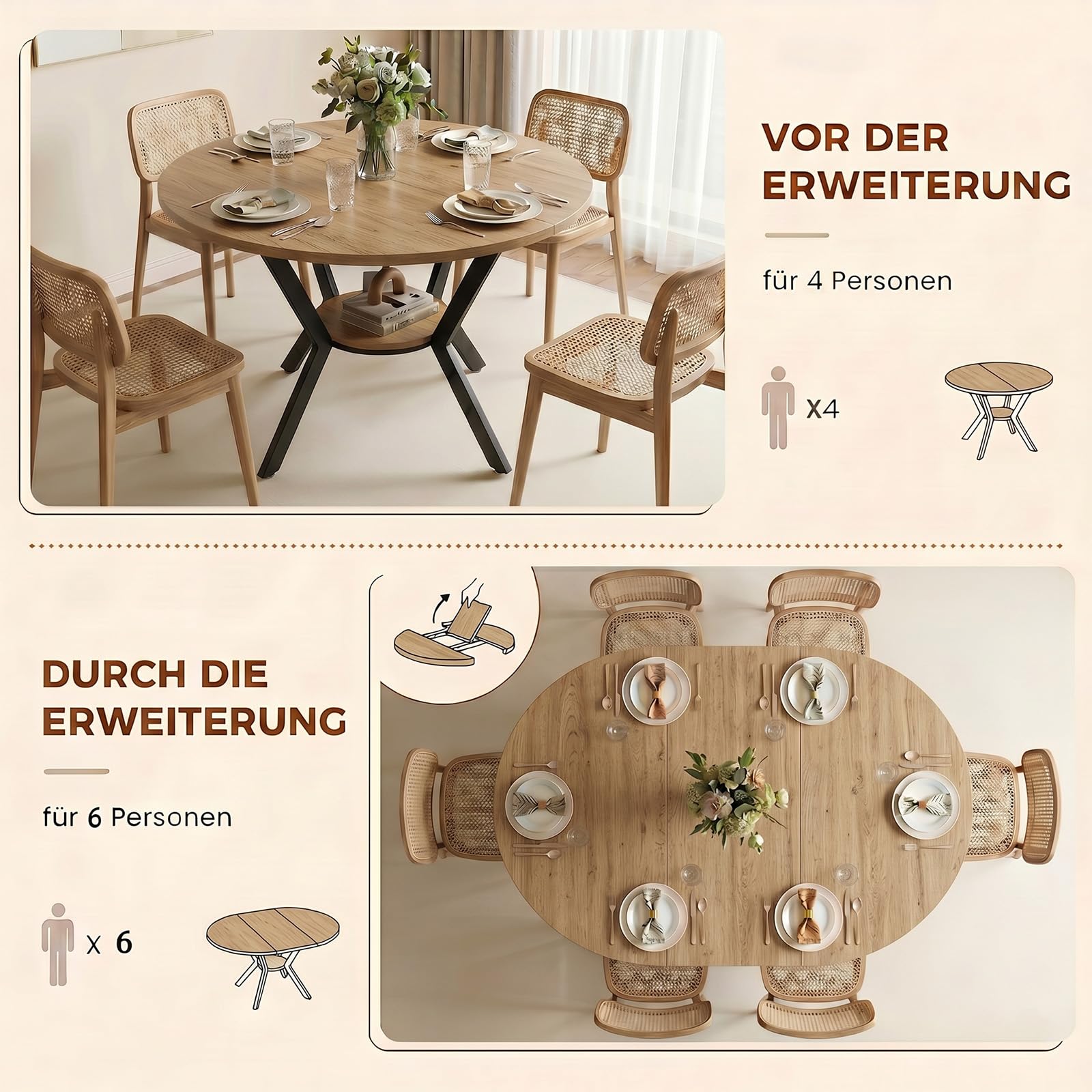 Esstisch Rund Ausziehbar, 100-140cm Rund Küchentisch Holz, Esszimmertisch Oval mit Teleskopfunktion, Wohnzimmertisch Erweiterbar mit Offenen Ablagen für Küche, Esszimmer und Wohnzimmer