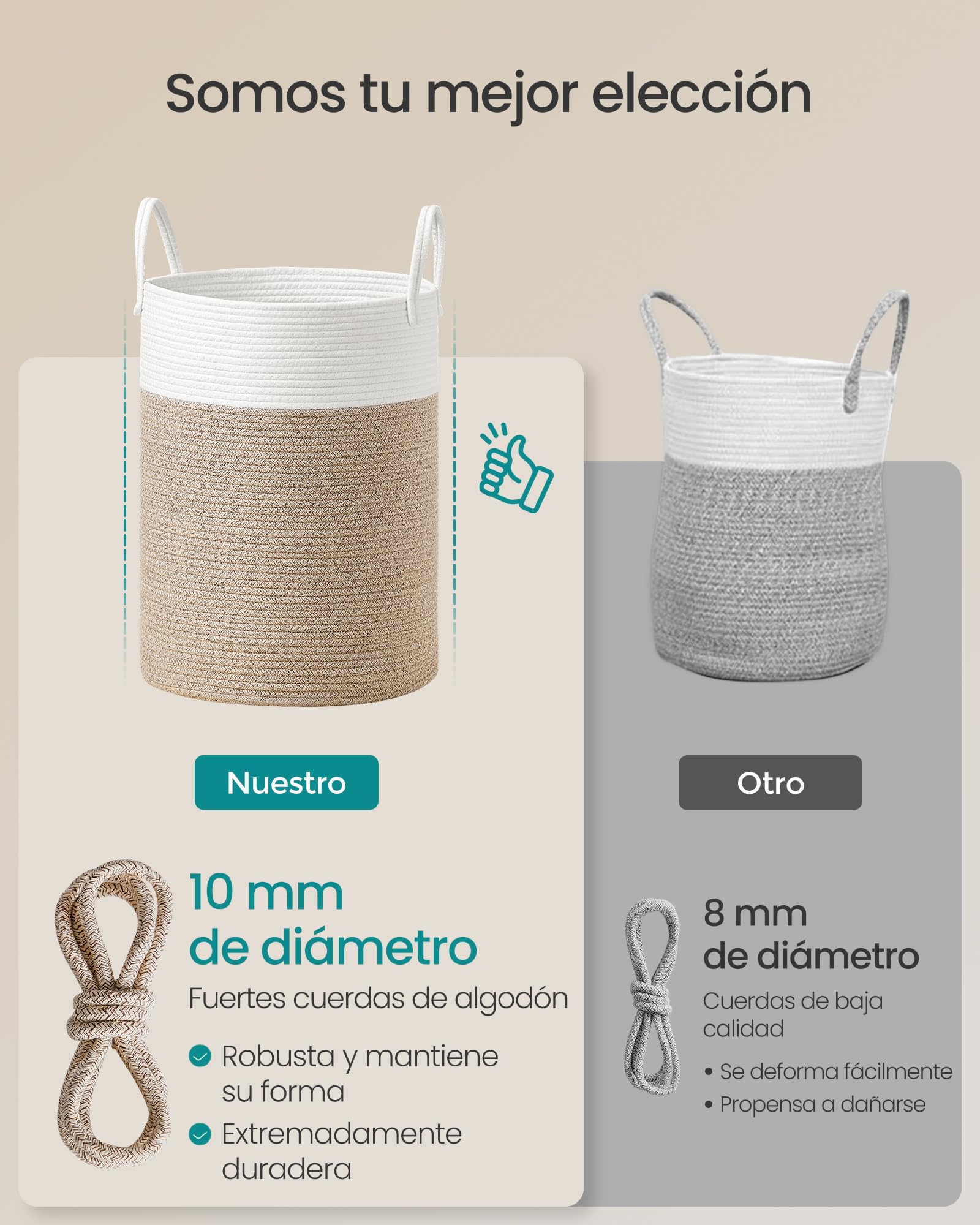 SONGMICS Cesto para Ropa Sucia 60 L Cuerda de Algodón 35 x 35 x 50 cm Blanco y Marrón Grisáceo