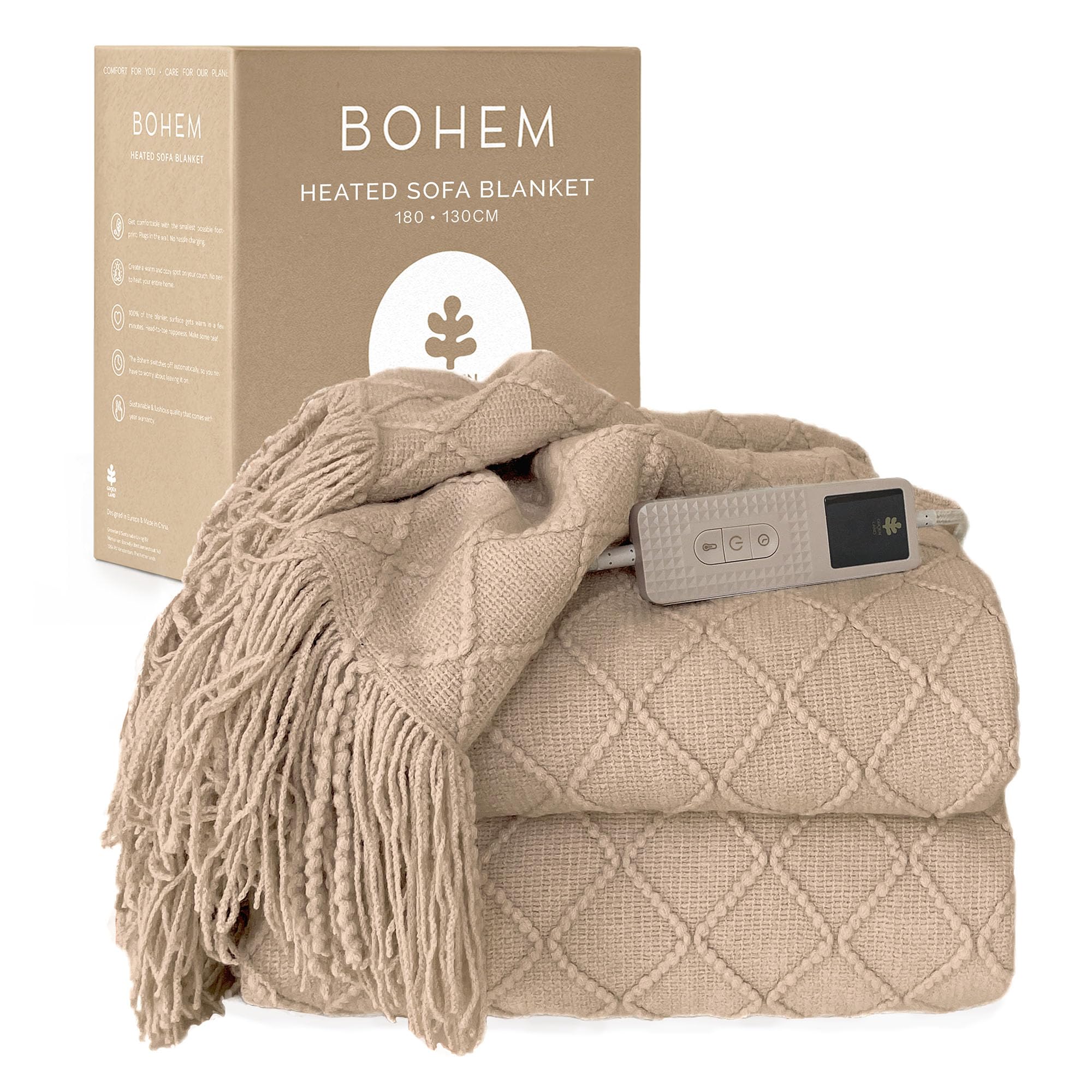 Groenland BOHEM Electric Heated Blanket 180 x 130 cm – Double Electric Throw Blanket with 9 Heat Levels & timer – Soft Heating Over-Blanket, Machine Washable Heated Throw for Sofa & Bed