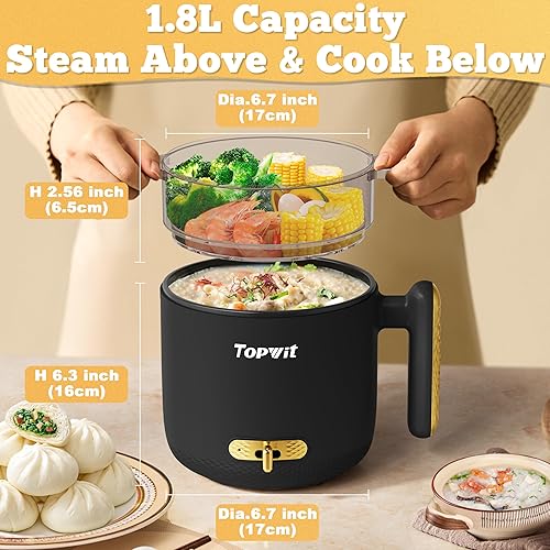 Miniatura 3 de Topwit Olla eléctrica con vapor, olla de ramen de 1.8 L, olla eléctrica portátil para cocinar, cocina multifuncional para carne, huevo, sopa, fideos