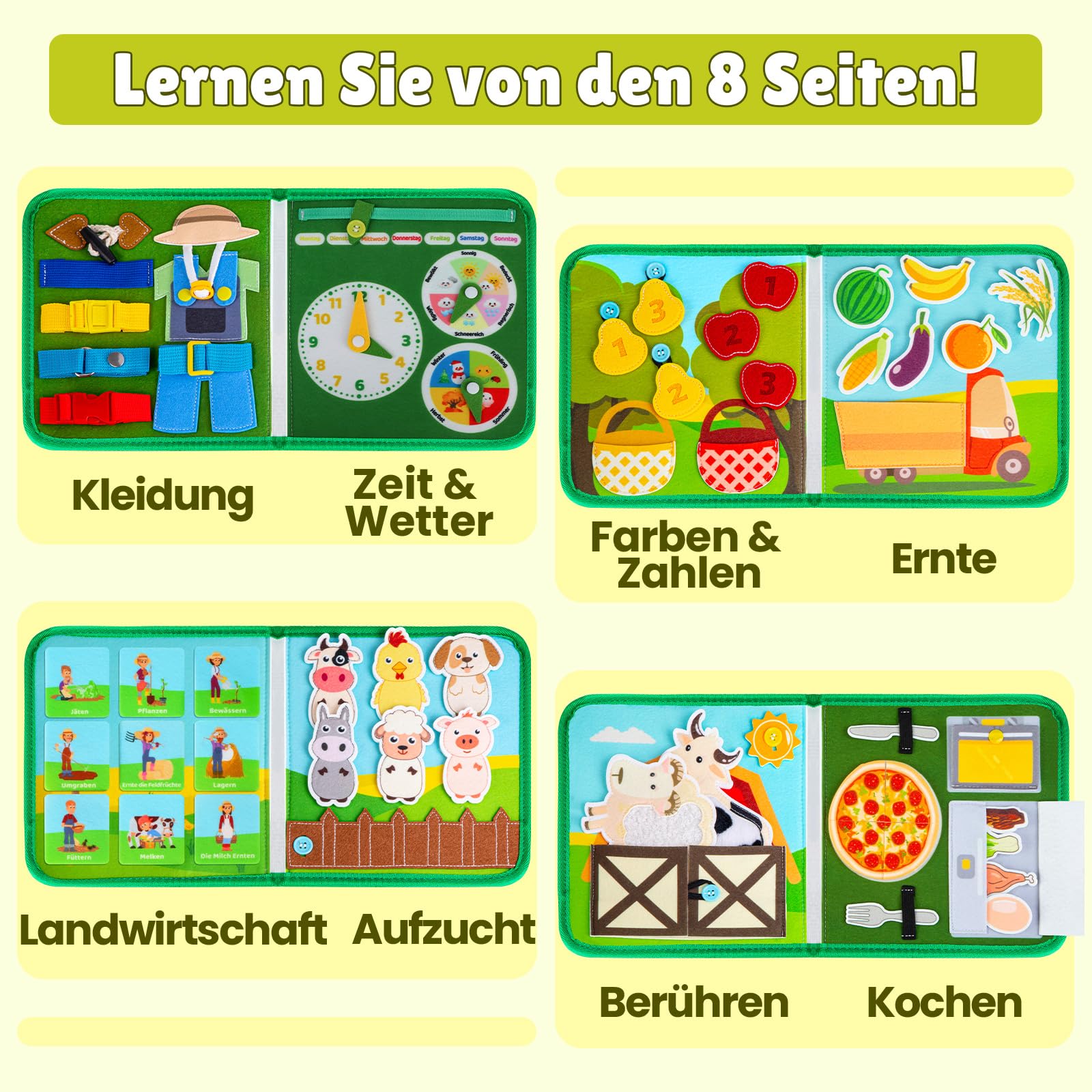 Quanquer Montessori Busy Board Deutsche Spielzeug ab 1 2 3 4 Jahre - Bauernhof Book für Frühe Bildung Auto & Flugzeug Fahrten - Geburtstag Feiertag Ostern Kindertag Geschenke für Kleinkinder
