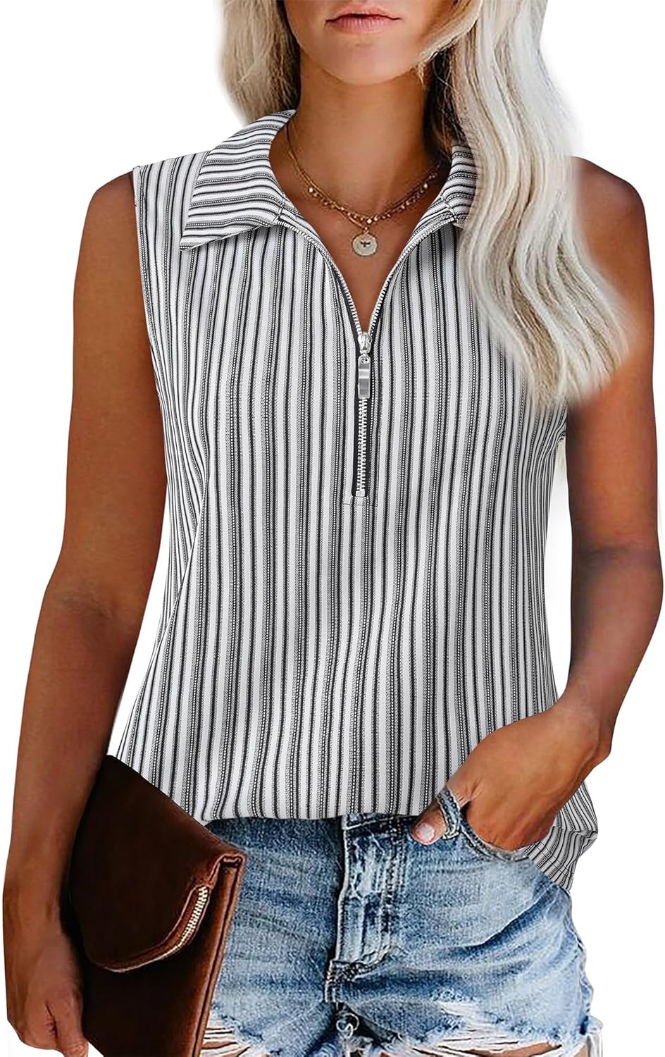 Vivilli Womens Ribbed Tank Top Zipper V Neck Dressy Casual Blouses Sleeveless Camisole Tops Work Tank Polo Shirts - Image 2