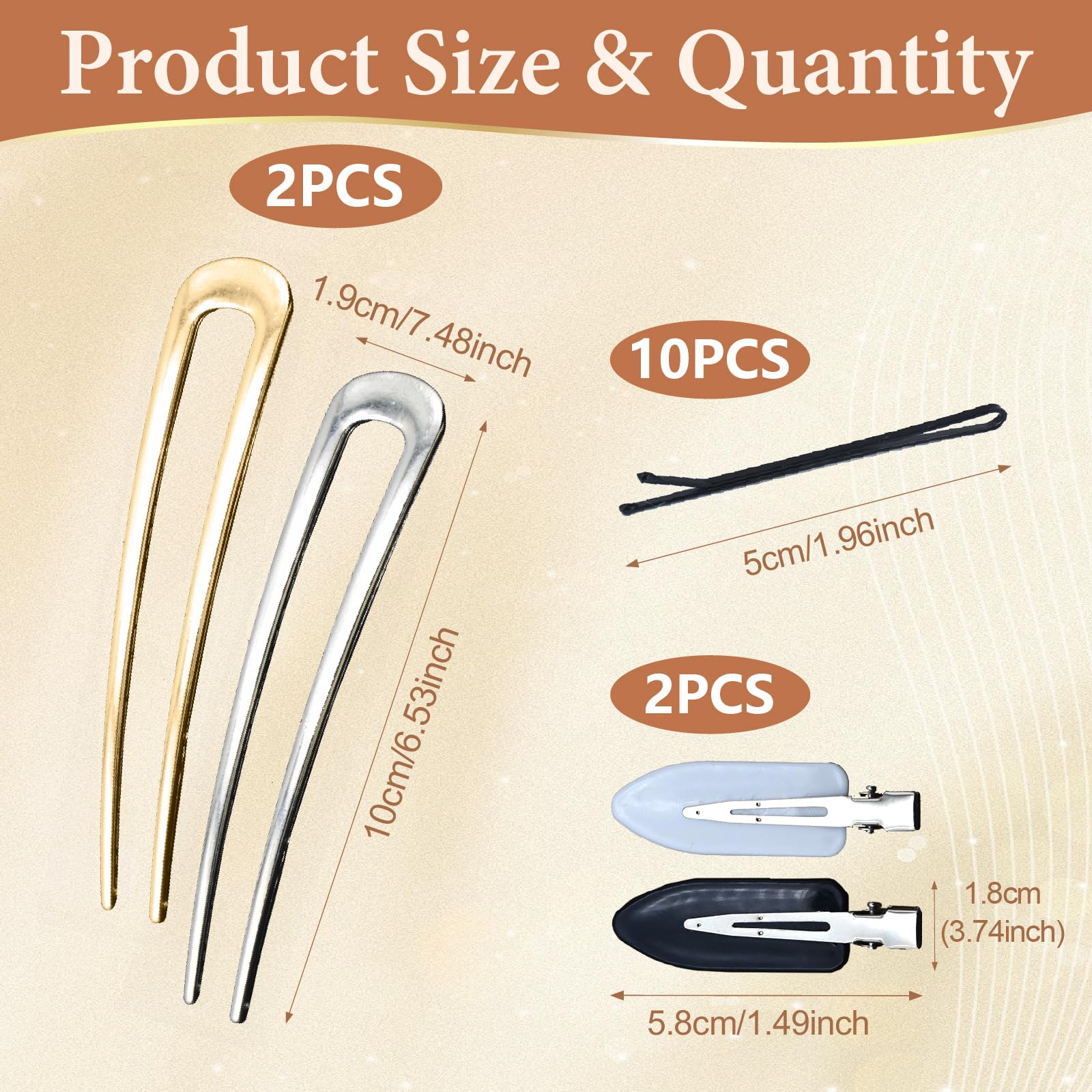 2 PCS Metal French Hair Pins, 14CM U Shaped Hair Pins, French Twist Hair Pin with 2 No Bend Hair Clips and 10 Bobby Pins - Image 2