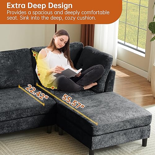 Vista 6 de Sofás seccionales de 100" para sala de estar, sofá seccional modular, sofá moderno de lino en forma de L, sofá convertible de 4 plazas para sala