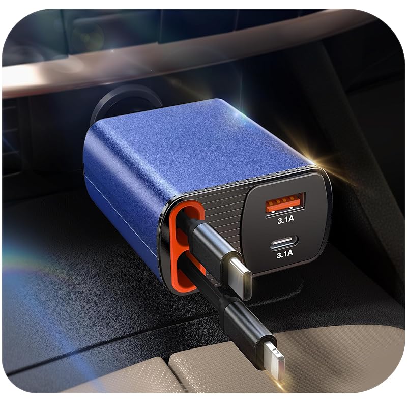 Carregador veicular retrátil 4 em 1 CSODINCE 85 W com USB Type A e USB Type C, azul-escuro