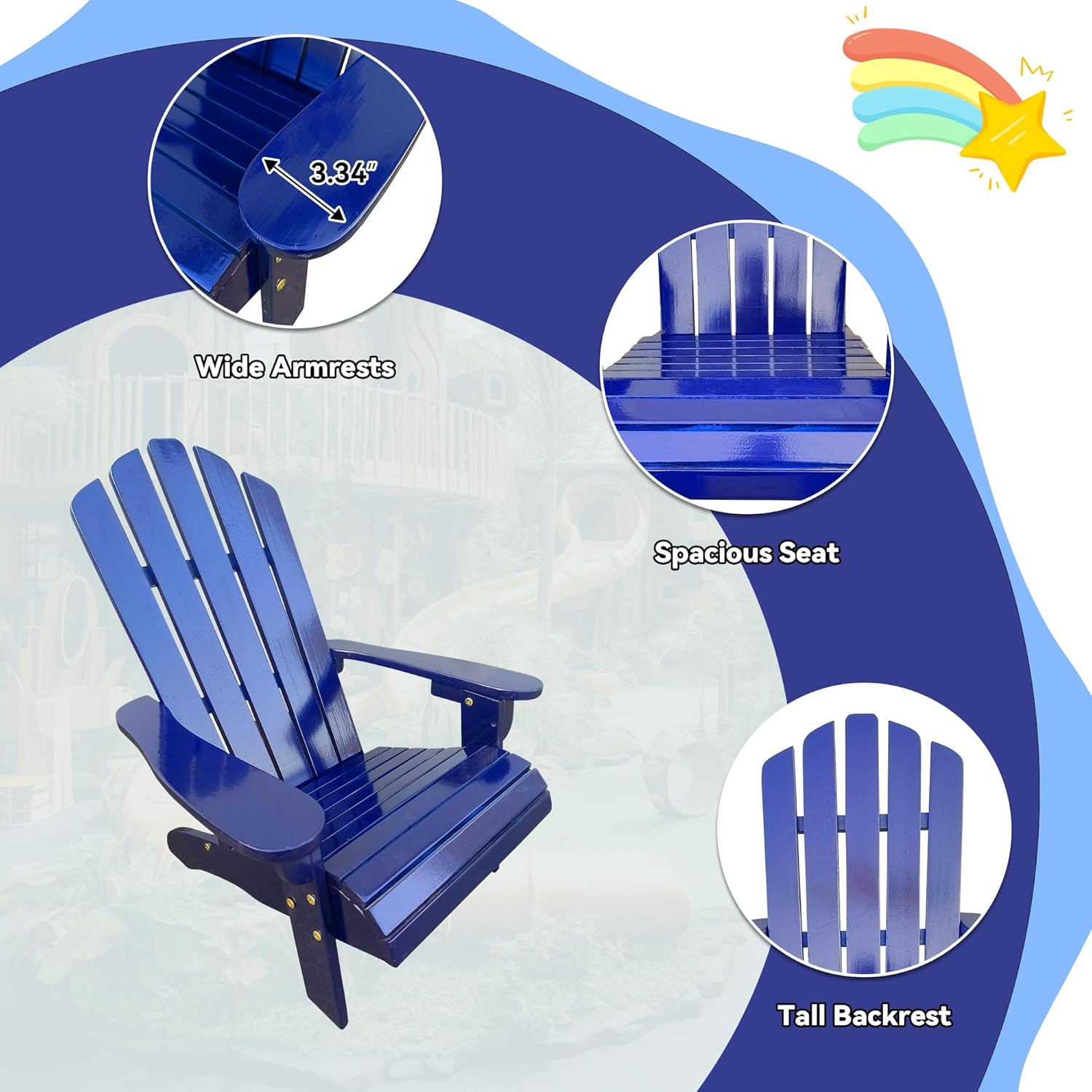 Wood Adirondack Chair, Ergonomic All-Weather Adirondack Chairs for Kids, Leisure Line Adirondack Lounge Outdoor Chairs Durable Patio Lounge Chair for Garden Lawn Indoor Blue