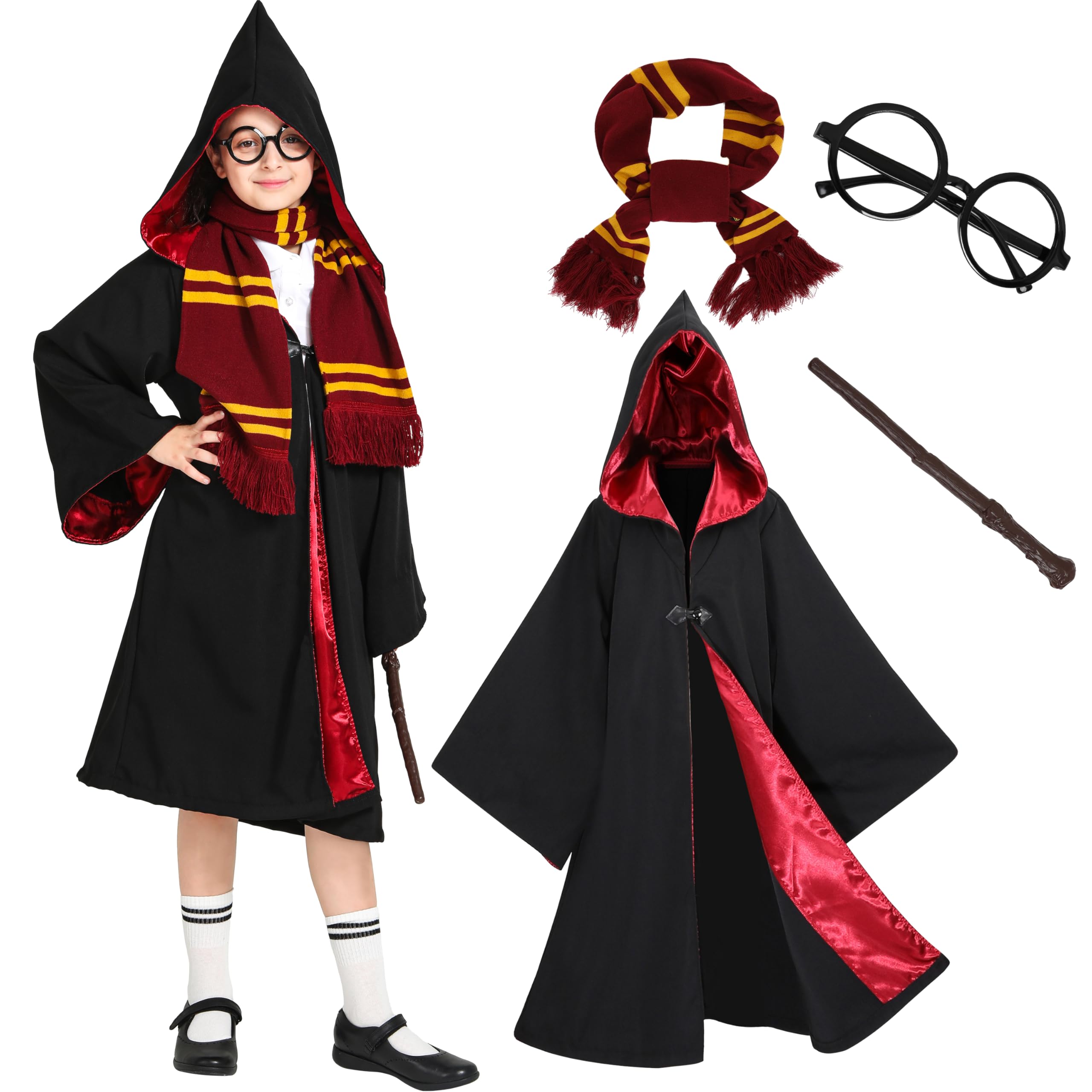 Sincere Party 5PCS Magic Hooded Cloak with Wand,Scarf,Glasses,Badge Wizard Costume Set for Boys and Girls 12-13yrs