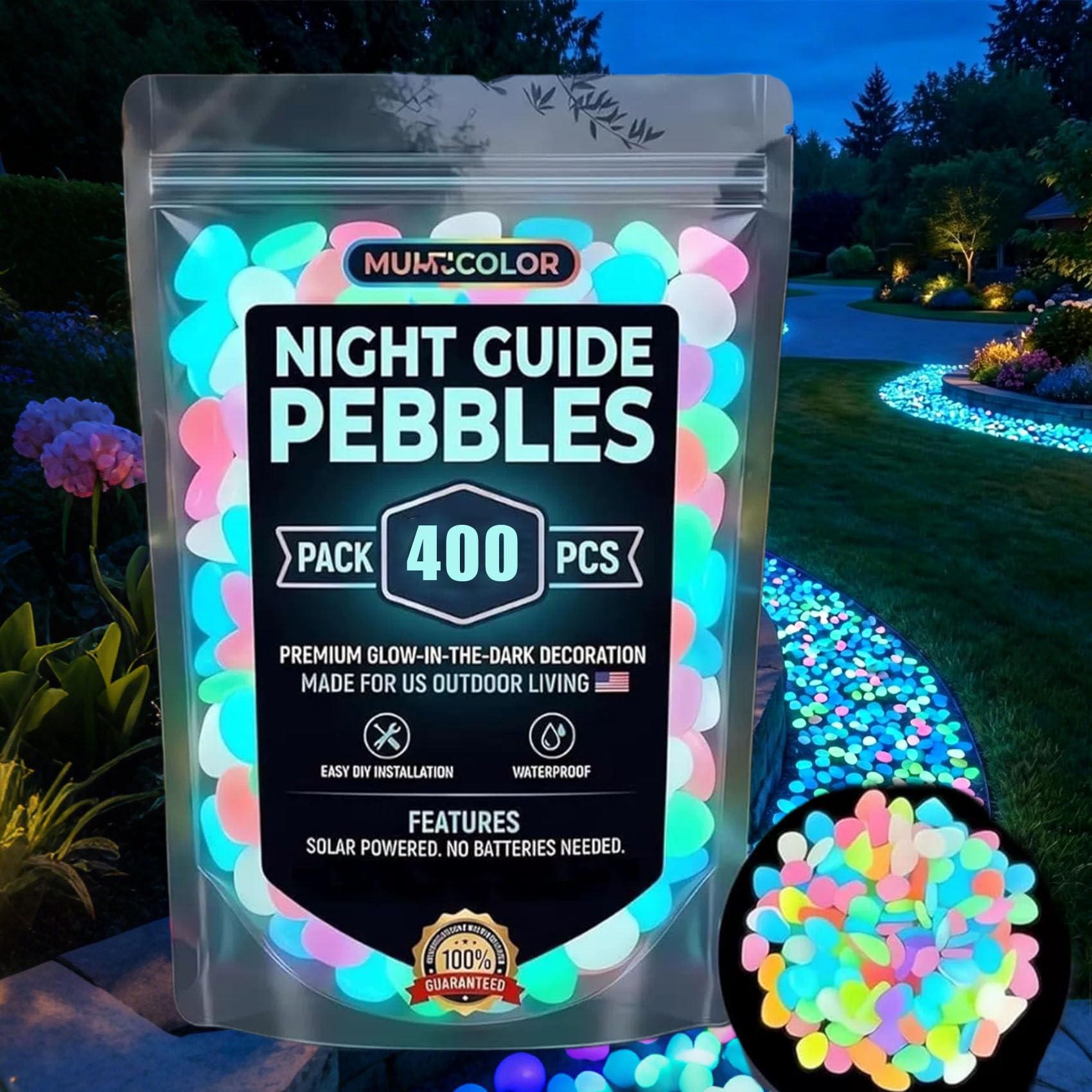 Colorful Glow-in-the-Dark Garden Stones, Luminous Pebbles for Patio, Backyard & Fish Tank Décor, Harmless to Kids and Pets, Eco Friendly Outdoor & Indoor Landscaping Decoration (MIX*400)