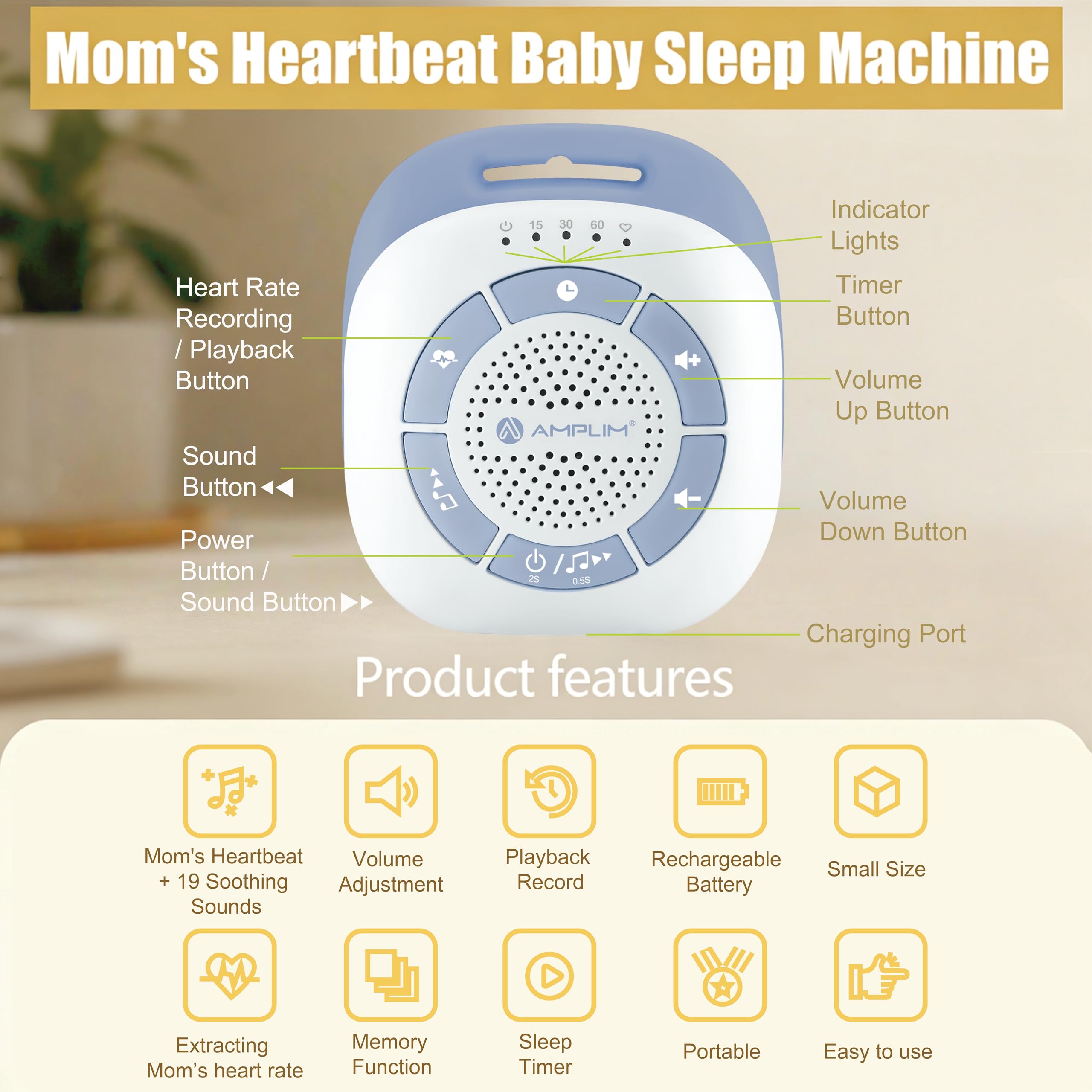 Mom's Heartbeat Recorder Sound Machine for Baby - Patentierter Baby-Schlaf-Schnuller für Neugeborene Essentials Must Haves, 19 beruhigende Geräusche, tragbar für Krippe, Kinderwagen, Autositz | Beruhigende Baby-Schlafmaschine, wiederaufladbar, Timer, trag